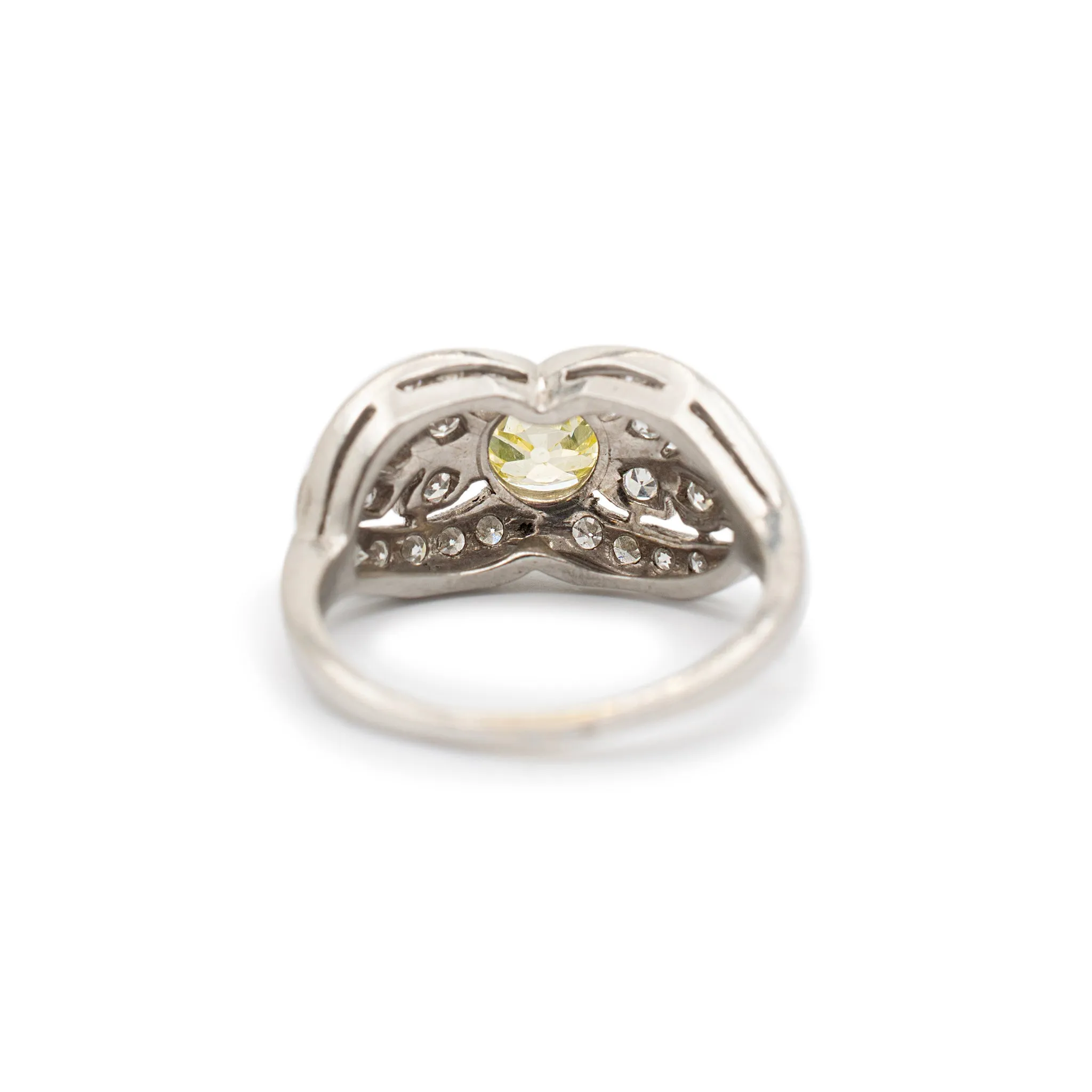 Ladies Antique Art Deco Platinum Filigreed Gia Fancy Greenish Yellow Diamond Cocktail Engagement Ring