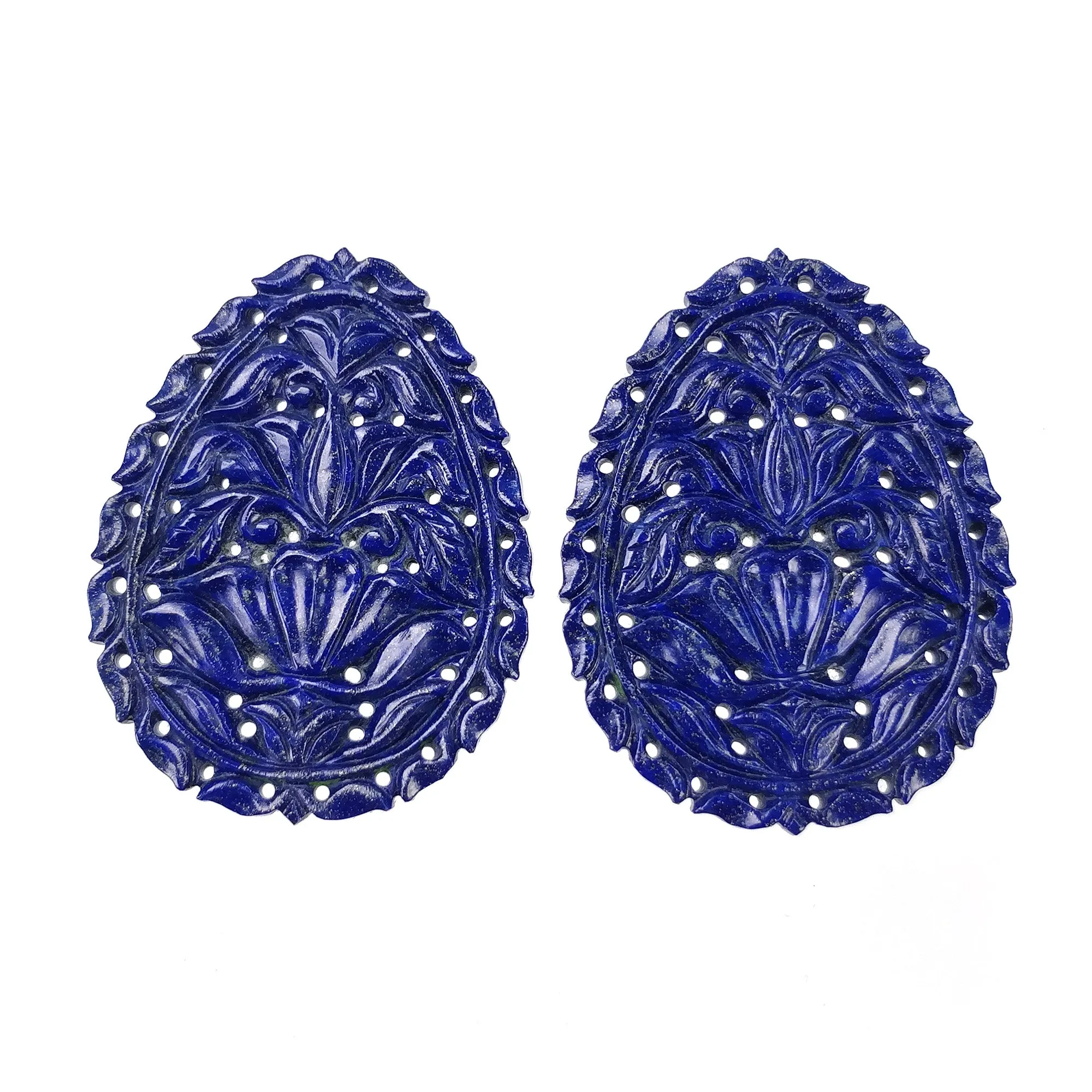 LAPIS LAZULI Gemstone Carving : 87.00cts Natural Untreated Blue Lapis Hand Carved Egg Shape 44*34mm Pair