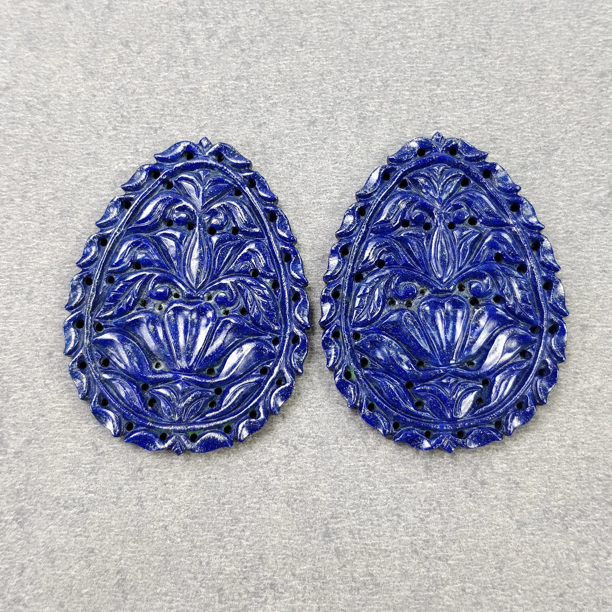 LAPIS LAZULI Gemstone Carving : 87.00cts Natural Untreated Blue Lapis Hand Carved Egg Shape 44*34mm Pair