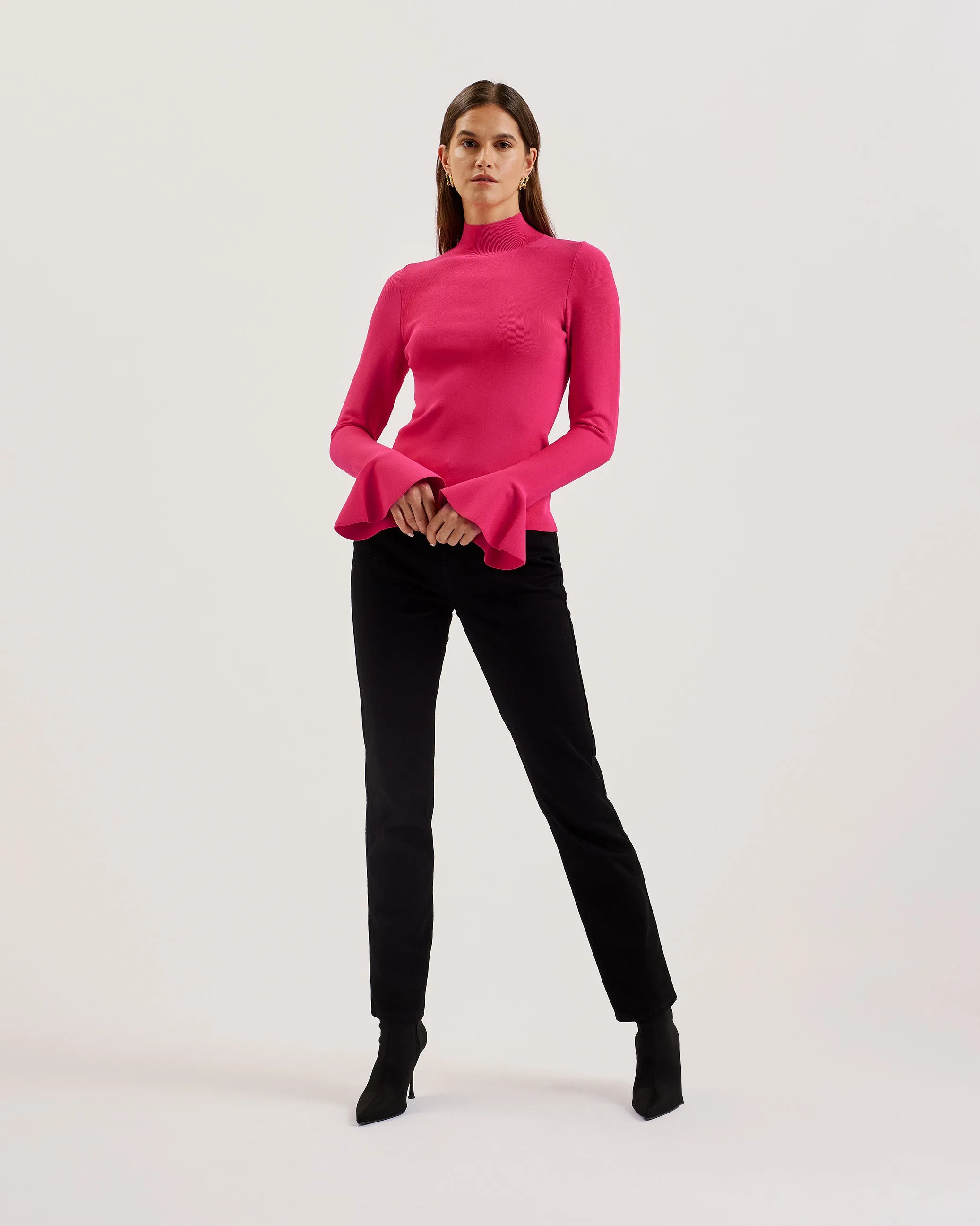 Laynha High Neck Knitted Frill Sleeve Top Fuchsia