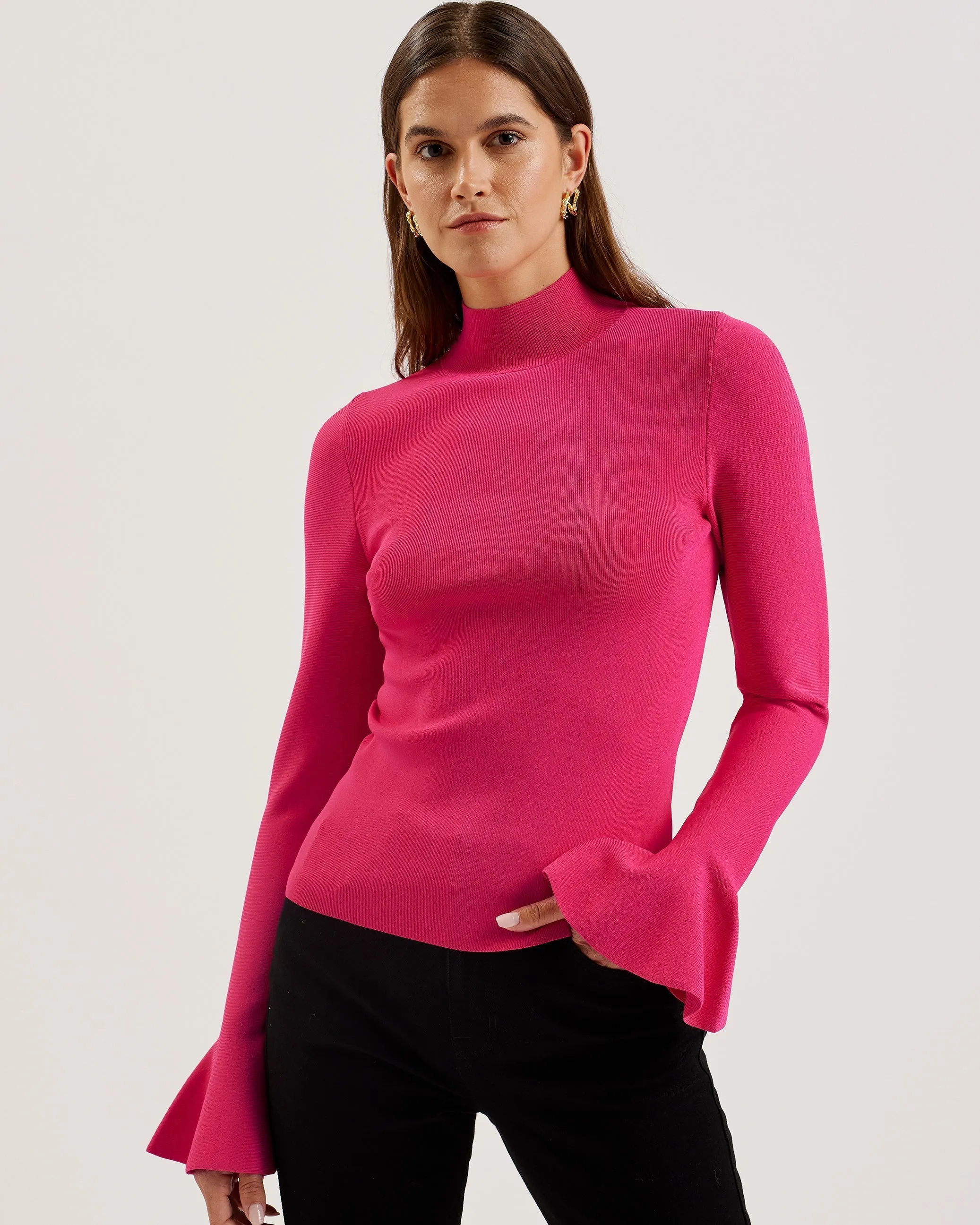 Laynha High Neck Knitted Frill Sleeve Top Fuchsia