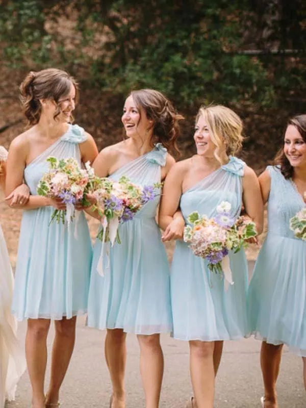 Light Blue V Neck One Shoulder Short Bridesmaid Dresses Chiffon Wedding Party Dress