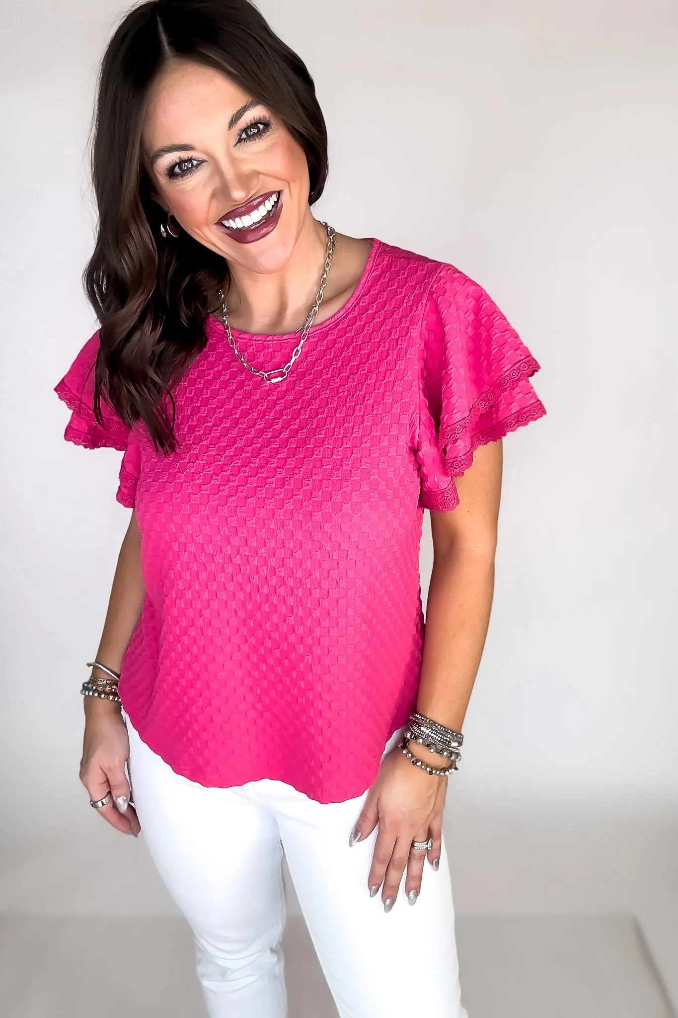 Love It Fuchsia Short Ruffle Sleeve Detailed Blouse Top