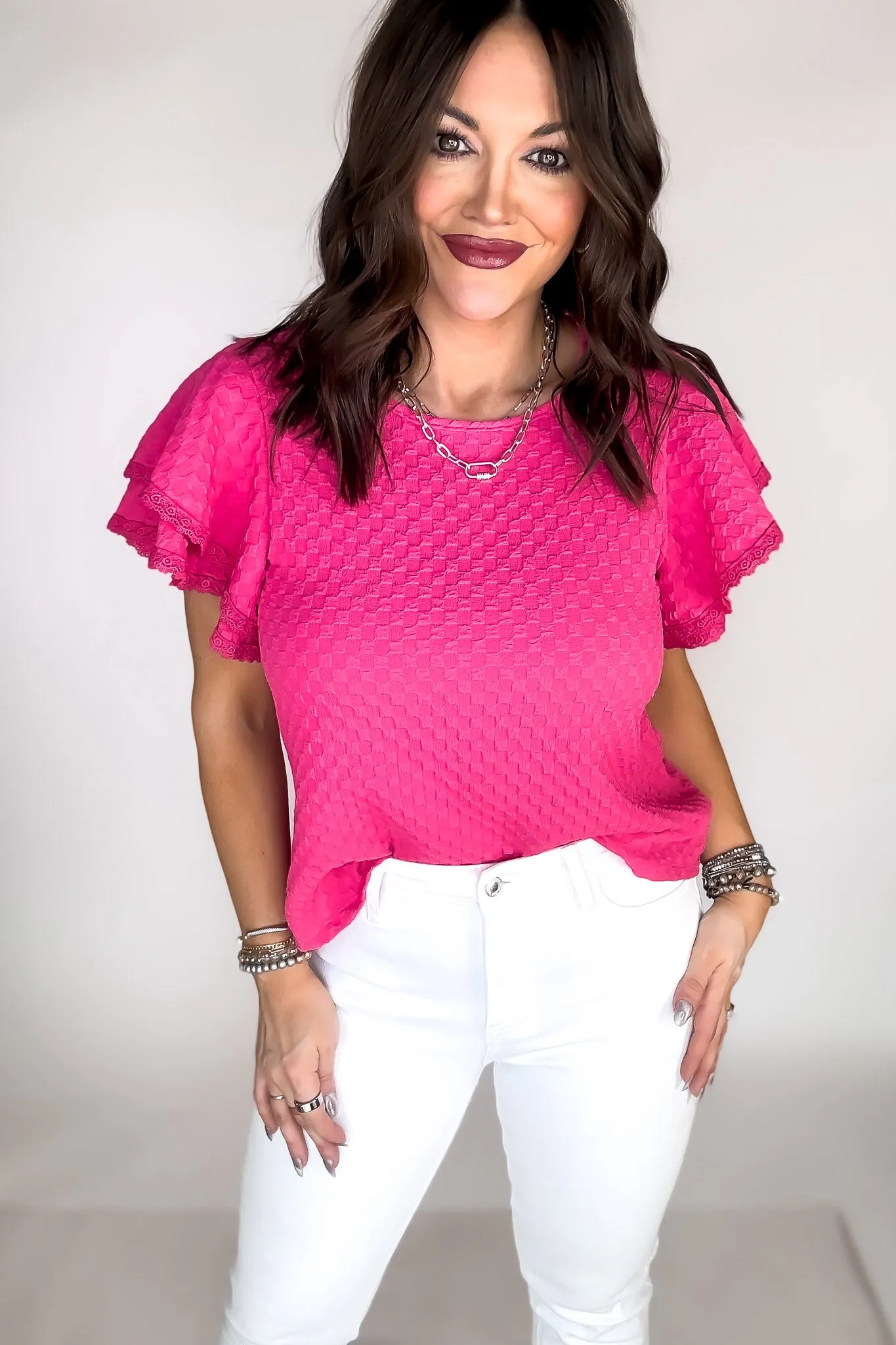 Love It Fuchsia Short Ruffle Sleeve Detailed Blouse Top