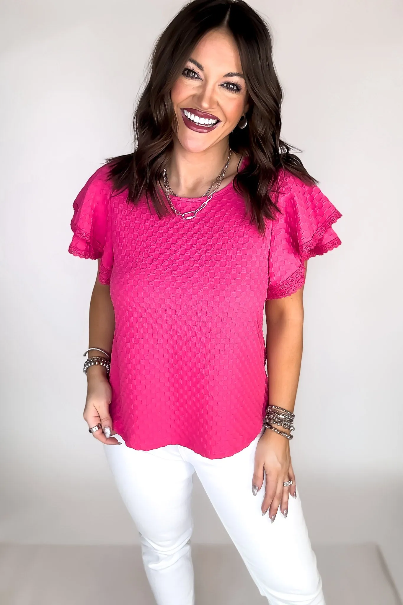 Love It Fuchsia Short Ruffle Sleeve Detailed Blouse Top