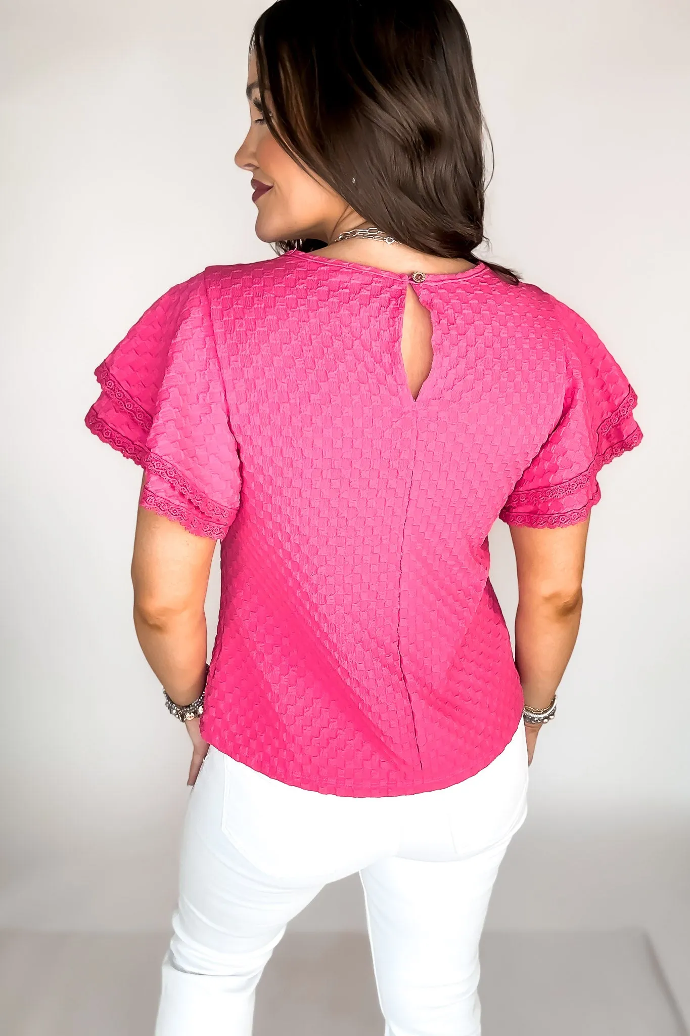 Love It Fuchsia Short Ruffle Sleeve Detailed Blouse Top