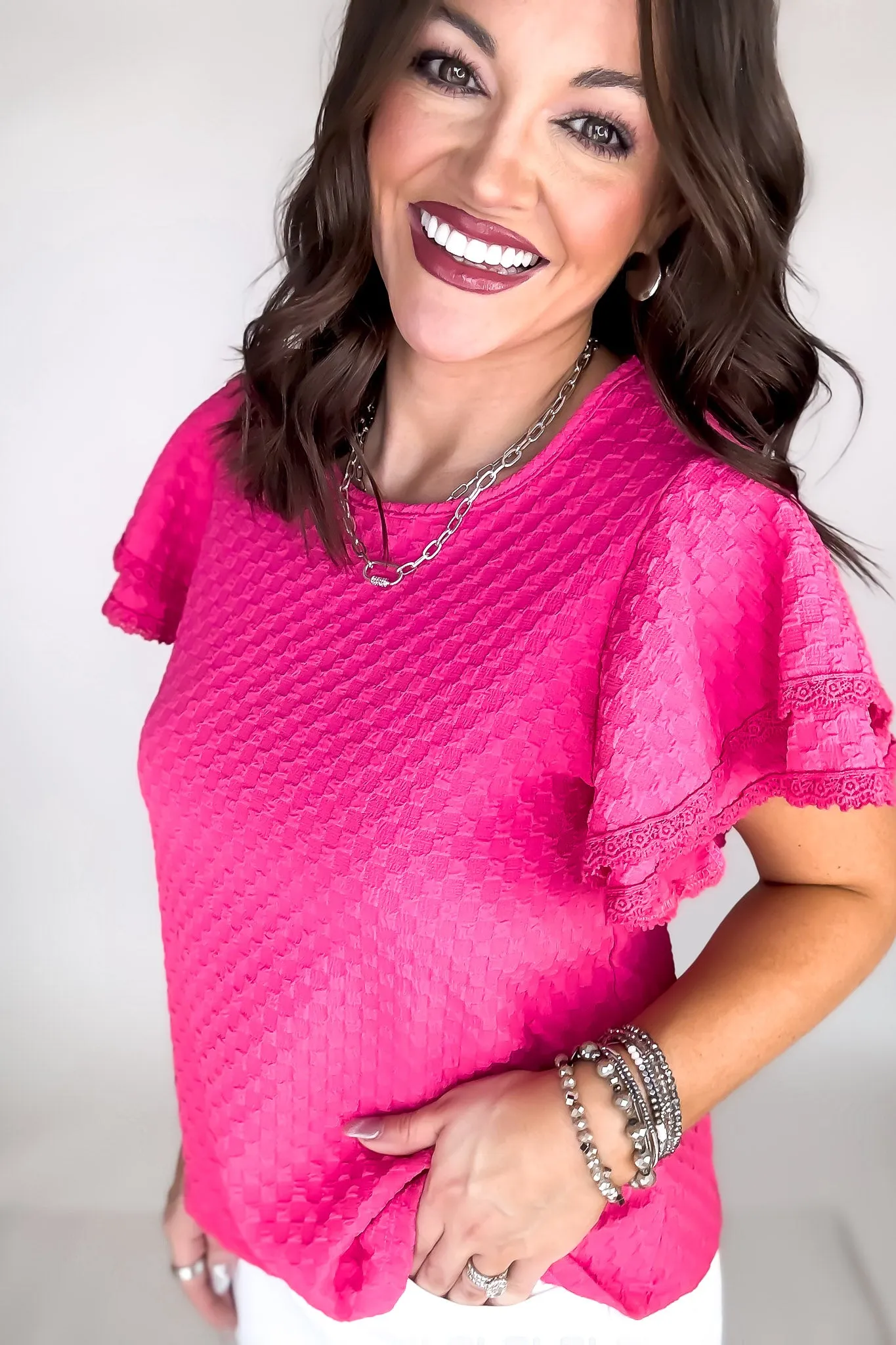 Love It Fuchsia Short Ruffle Sleeve Detailed Blouse Top