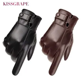 Men's Winter Warm Fashion Waterproof Gloves Men Faux Leather Driving Gloves Thin Leather Gloves for Touch Screen Brown Guantes