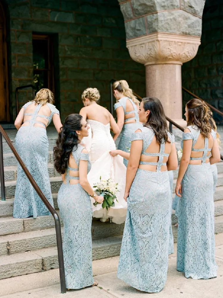 Mermaid Lace Baby Blue V Neck Bridesmaid Dresses for Wedding STK20425