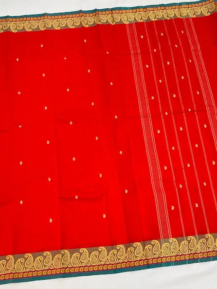 Mesmerizing Red Color Pure Cotton Butta Saree With Mango Border