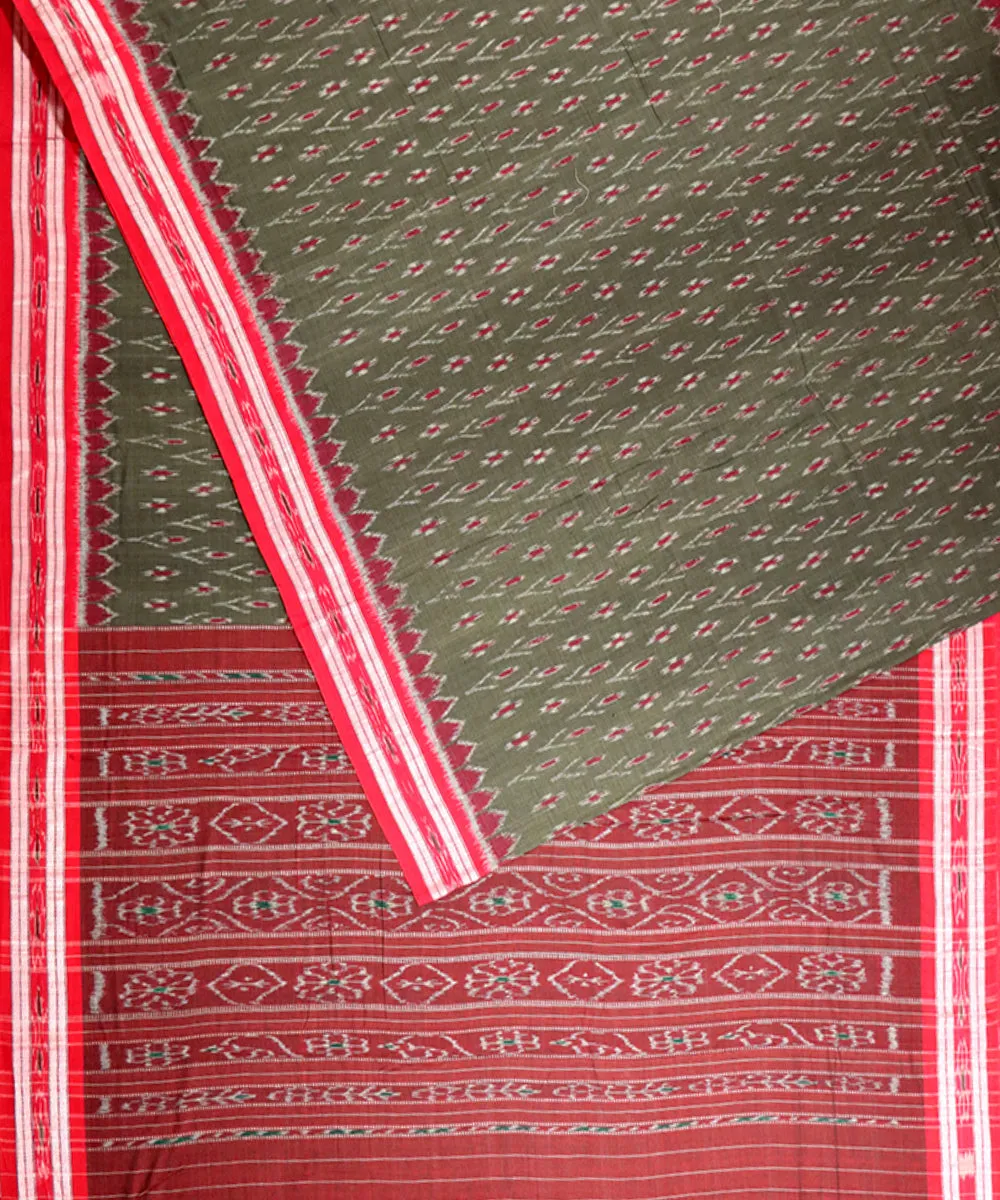 Moss green Red Cotton Handloom Nuapatna Saree