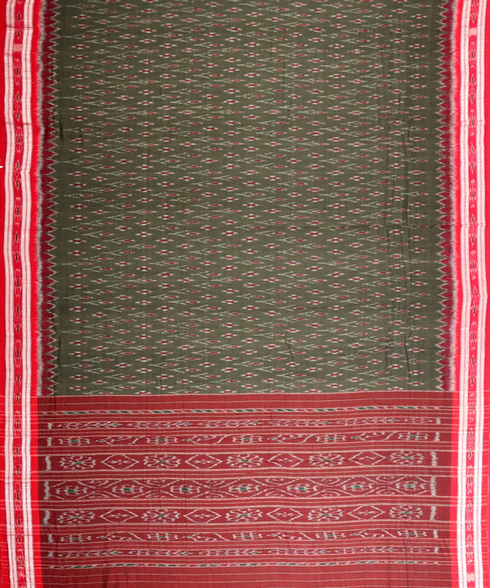 Moss green Red Cotton Handloom Nuapatna Saree