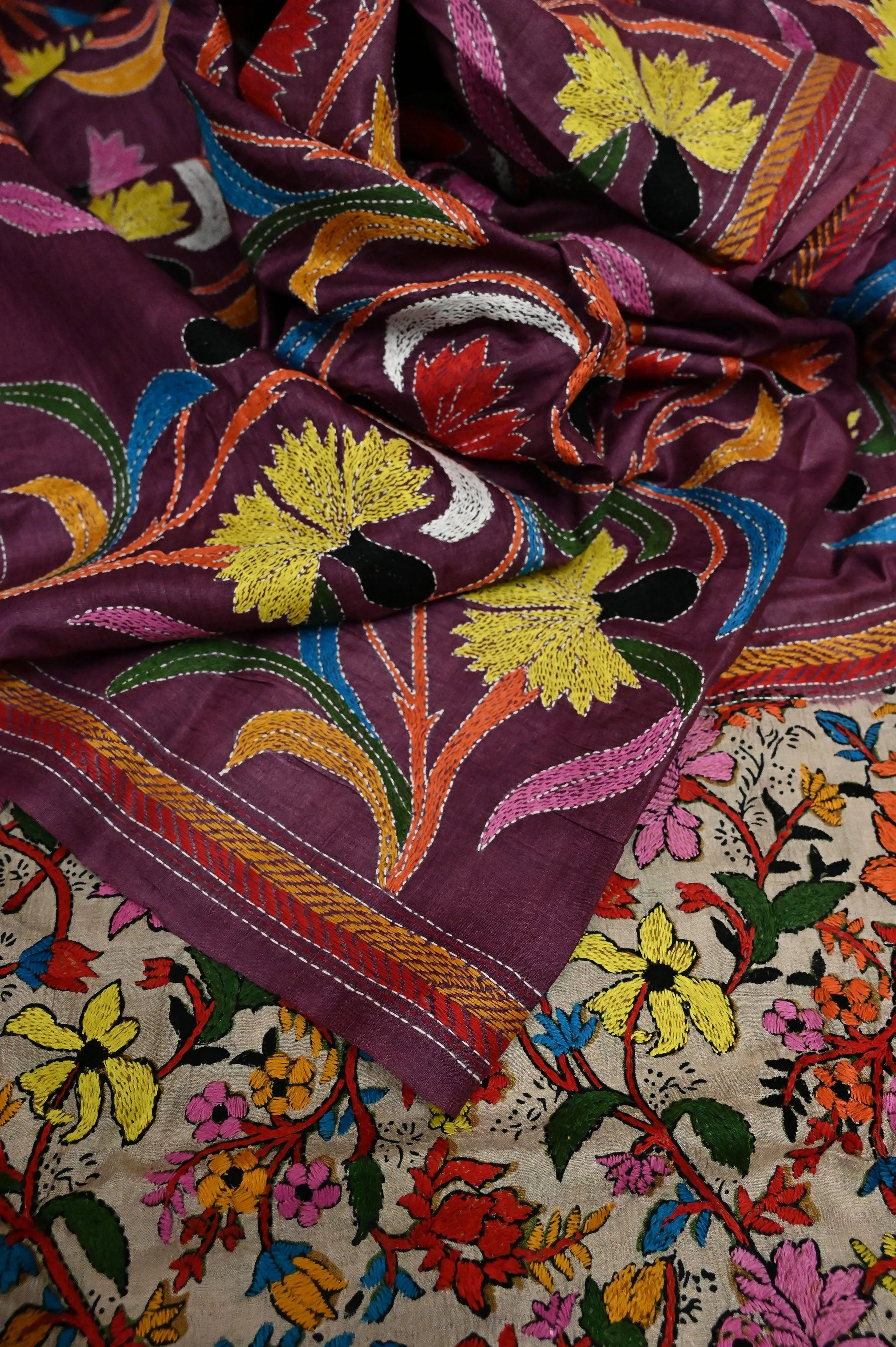 Multiple Color Pure Gachi Tussar with Hand Kantha Stitch Embroidery