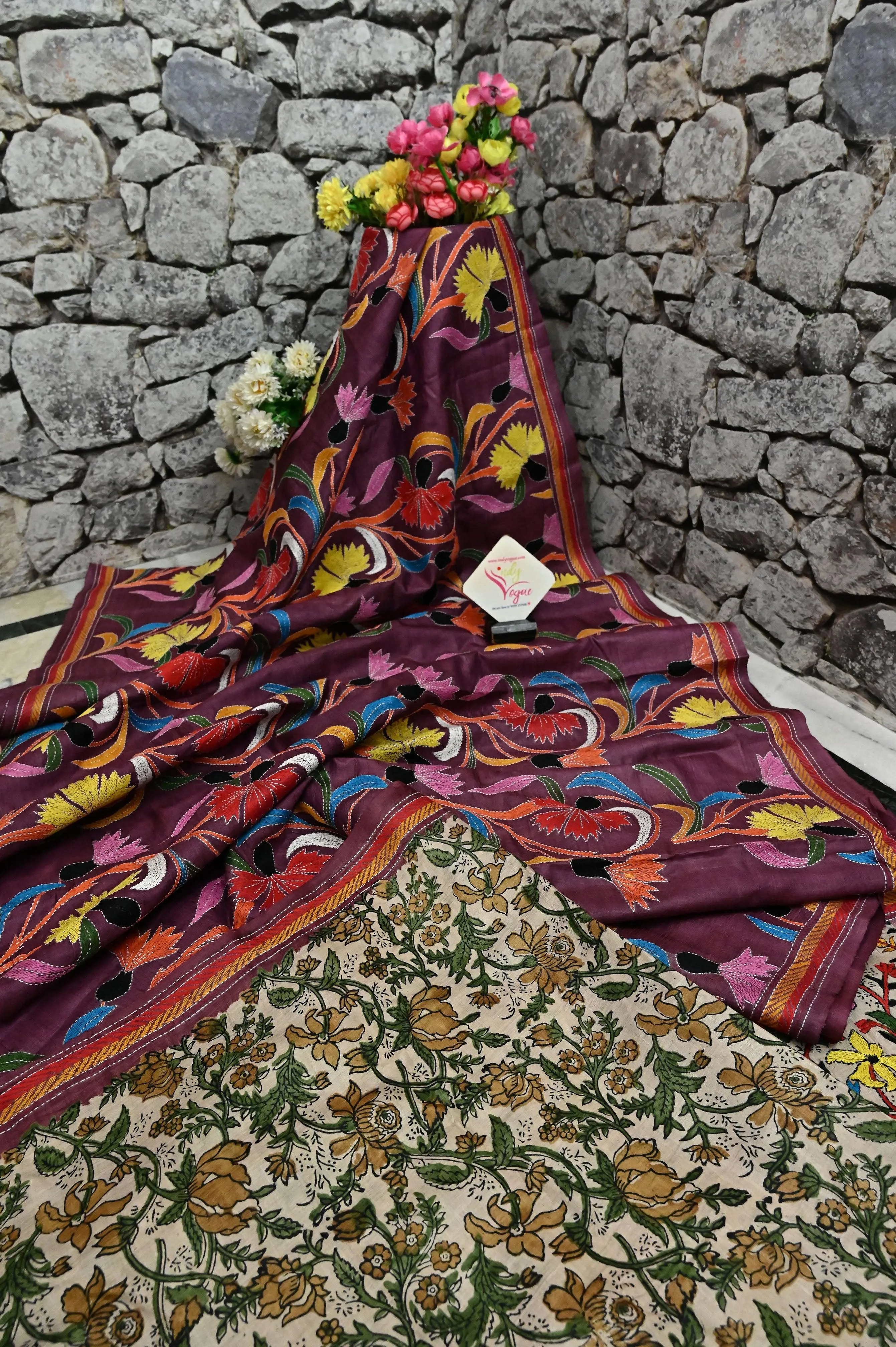 Multiple Color Pure Gachi Tussar with Hand Kantha Stitch Embroidery