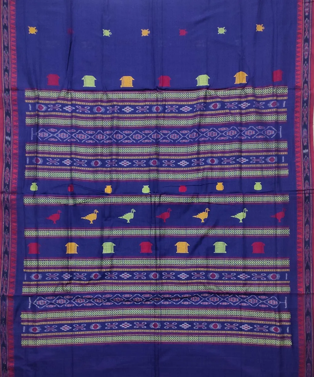 Navy blue red handloom cotton dongoria saree