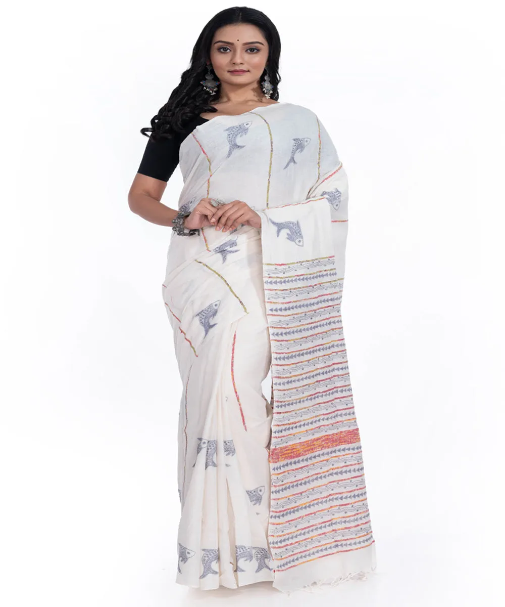 Offwhite pink handwoven cotton kantha stitch saree