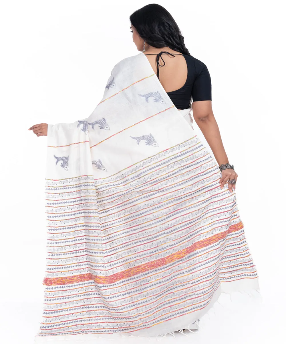 Offwhite pink handwoven cotton kantha stitch saree