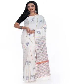 Offwhite pink handwoven cotton kantha stitch saree