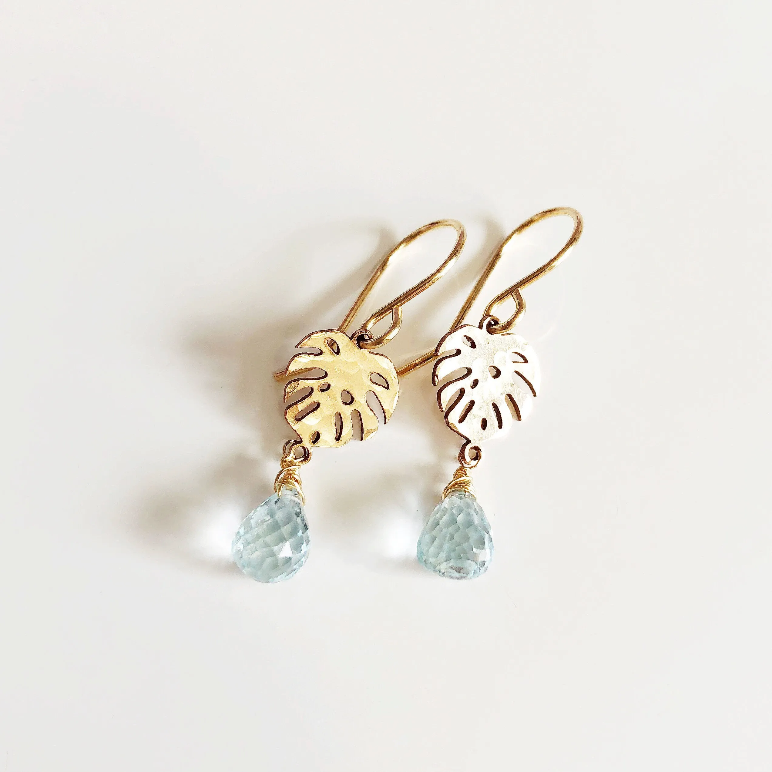 Petite monstera dangle earrings - blue topaz (E497)