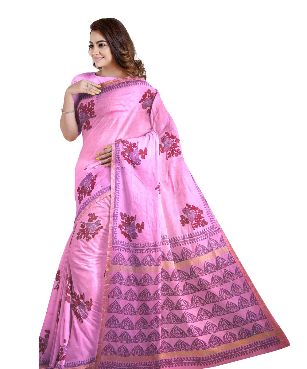 Pink hand printed maheshwari cotton silk saree