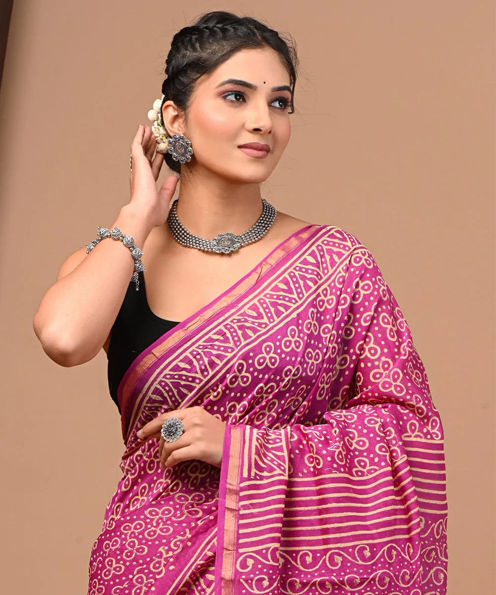 Pink offwhite cotton silk hand block printed sanganeri saree