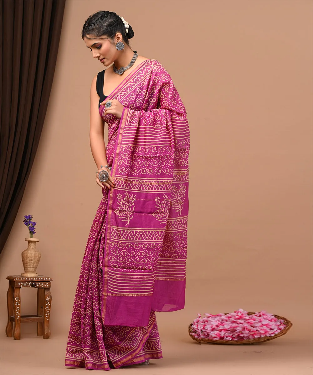 Pink offwhite cotton silk hand block printed sanganeri saree