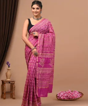 Pink offwhite cotton silk hand block printed sanganeri saree