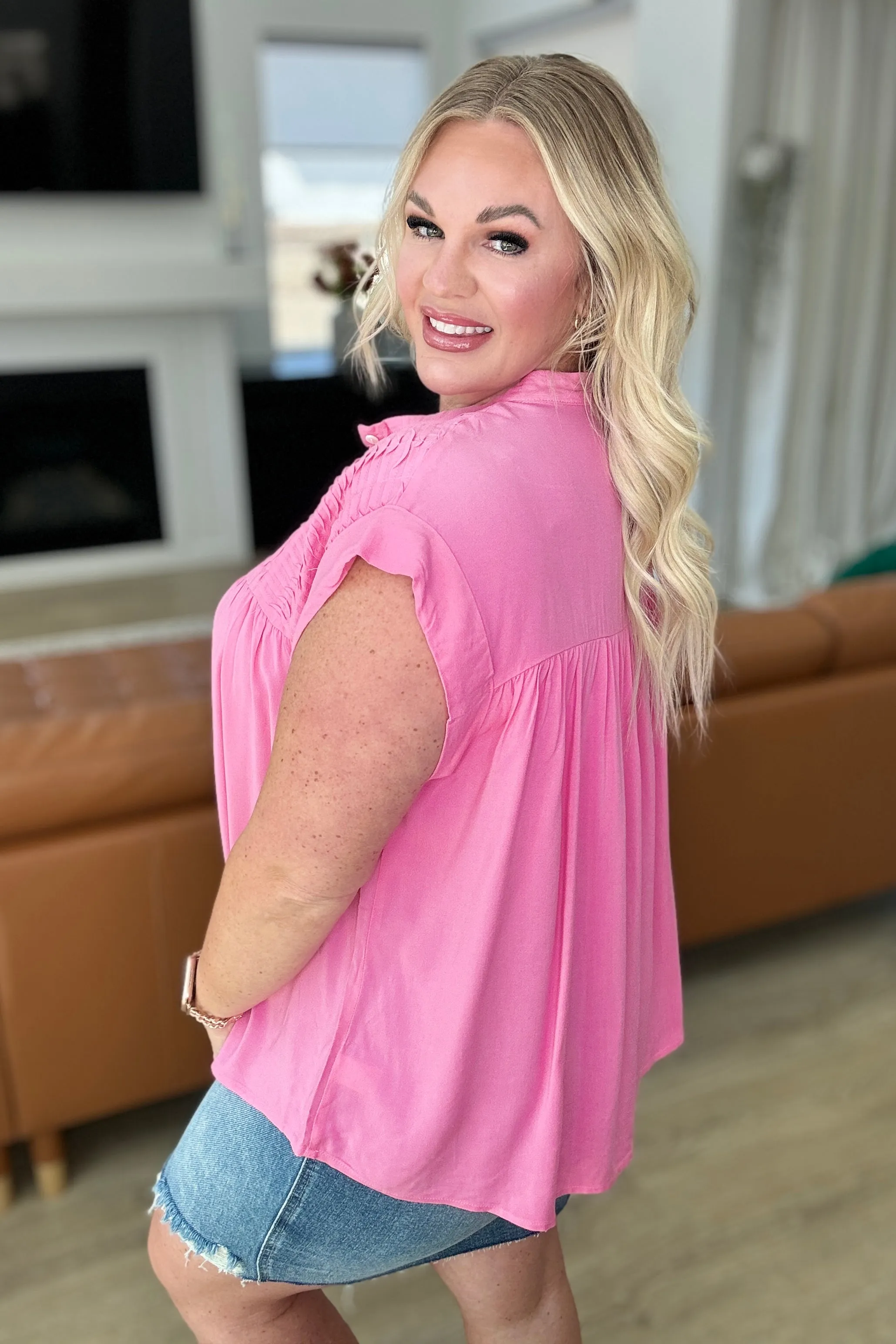 Pleat Detail Button Up Blouse in Pink Cosmos - 4/24