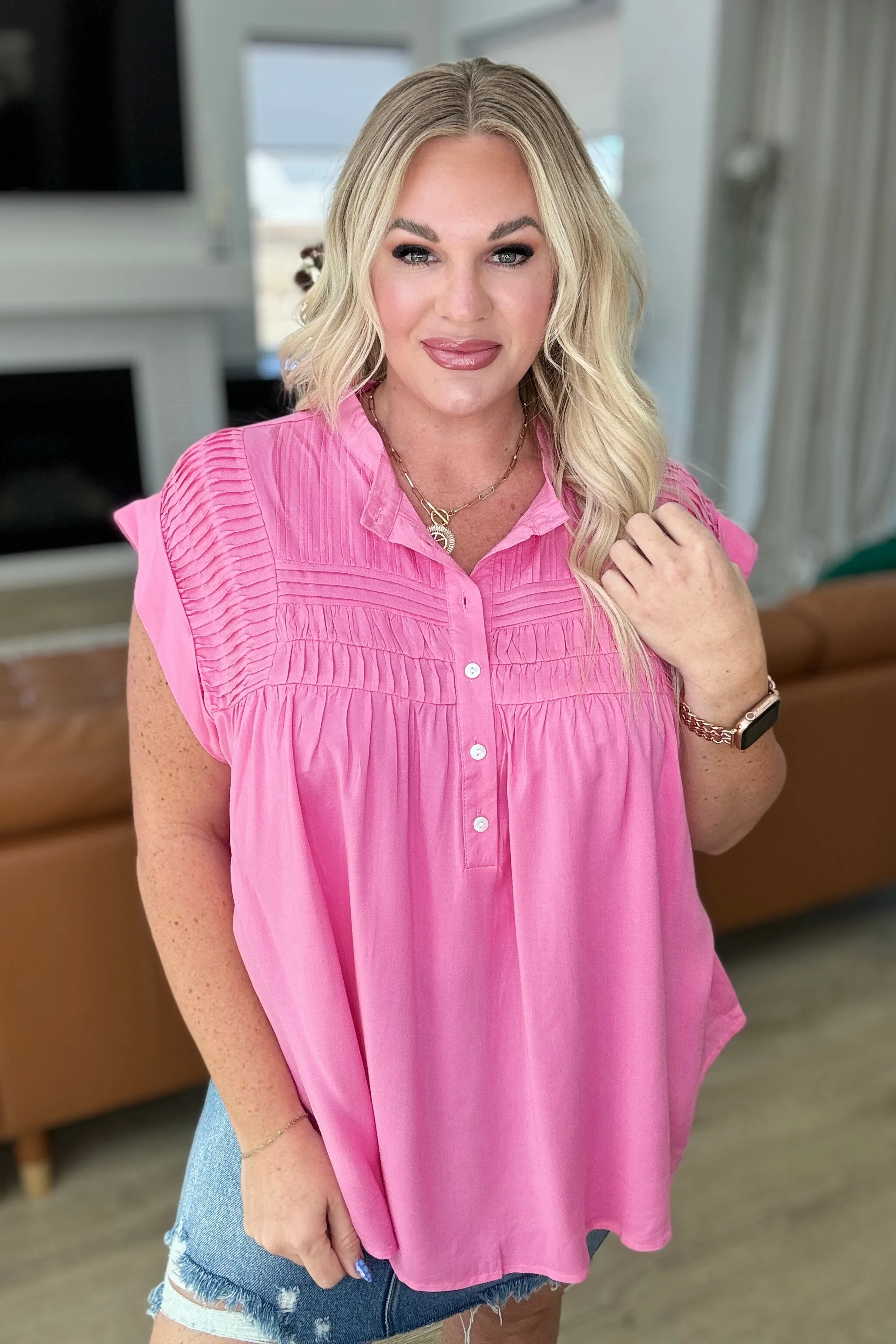 Pleat Detail Button Up Blouse in Pink Cosmos - 4/24