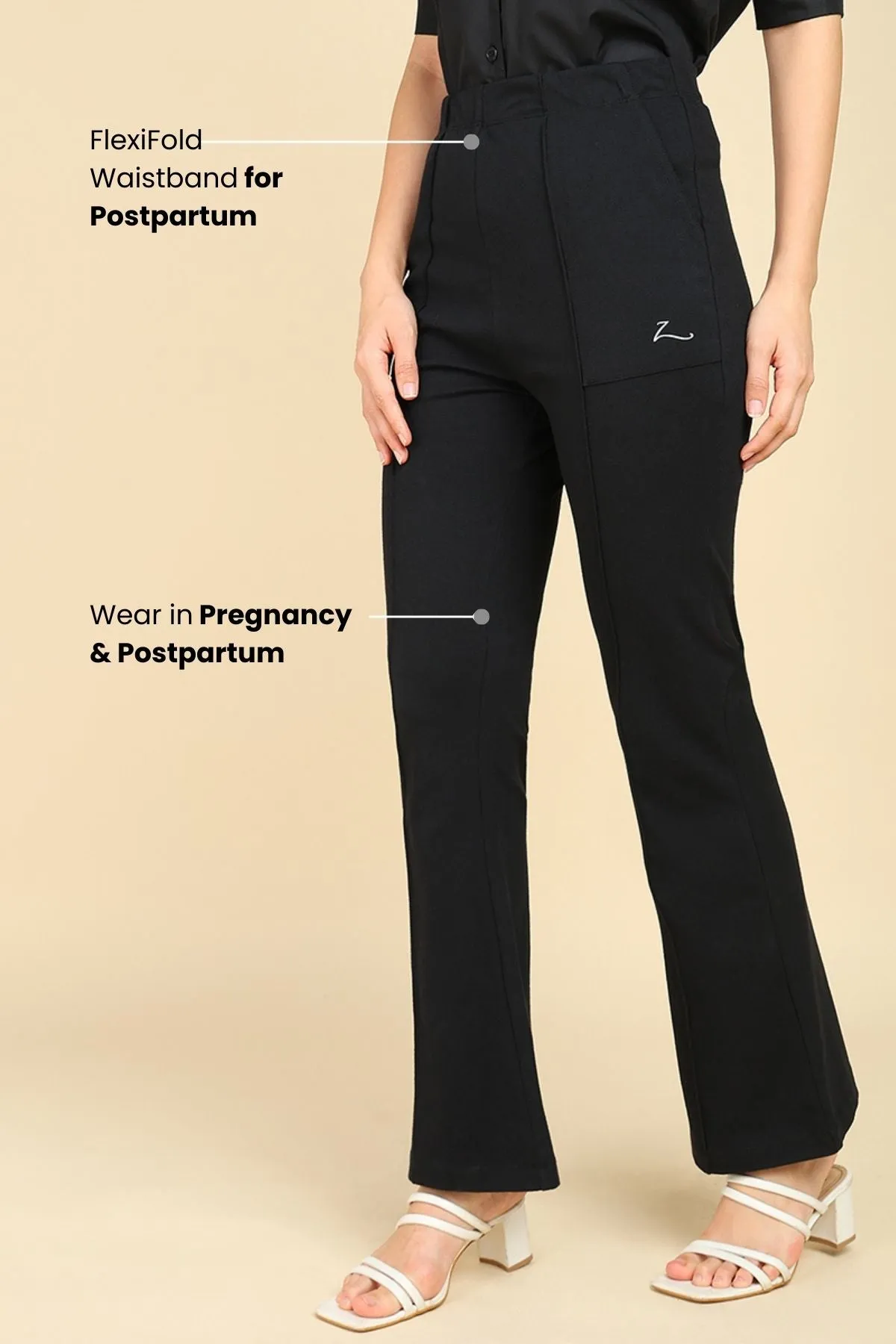 Pleated Cotton Black Maternity Pants (Pregnancy & Postpartum)