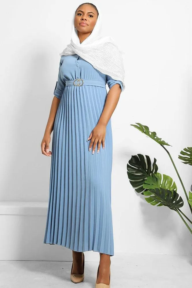 Pleated Skirt Logo Belt Buttoned Modest Dress