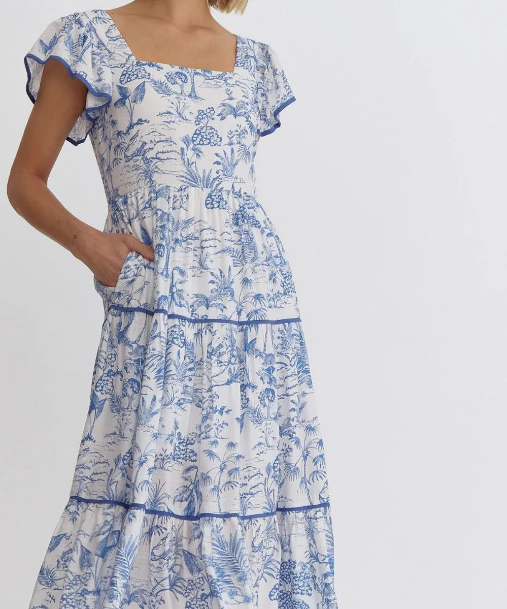 Printed Midi Dress - Blue