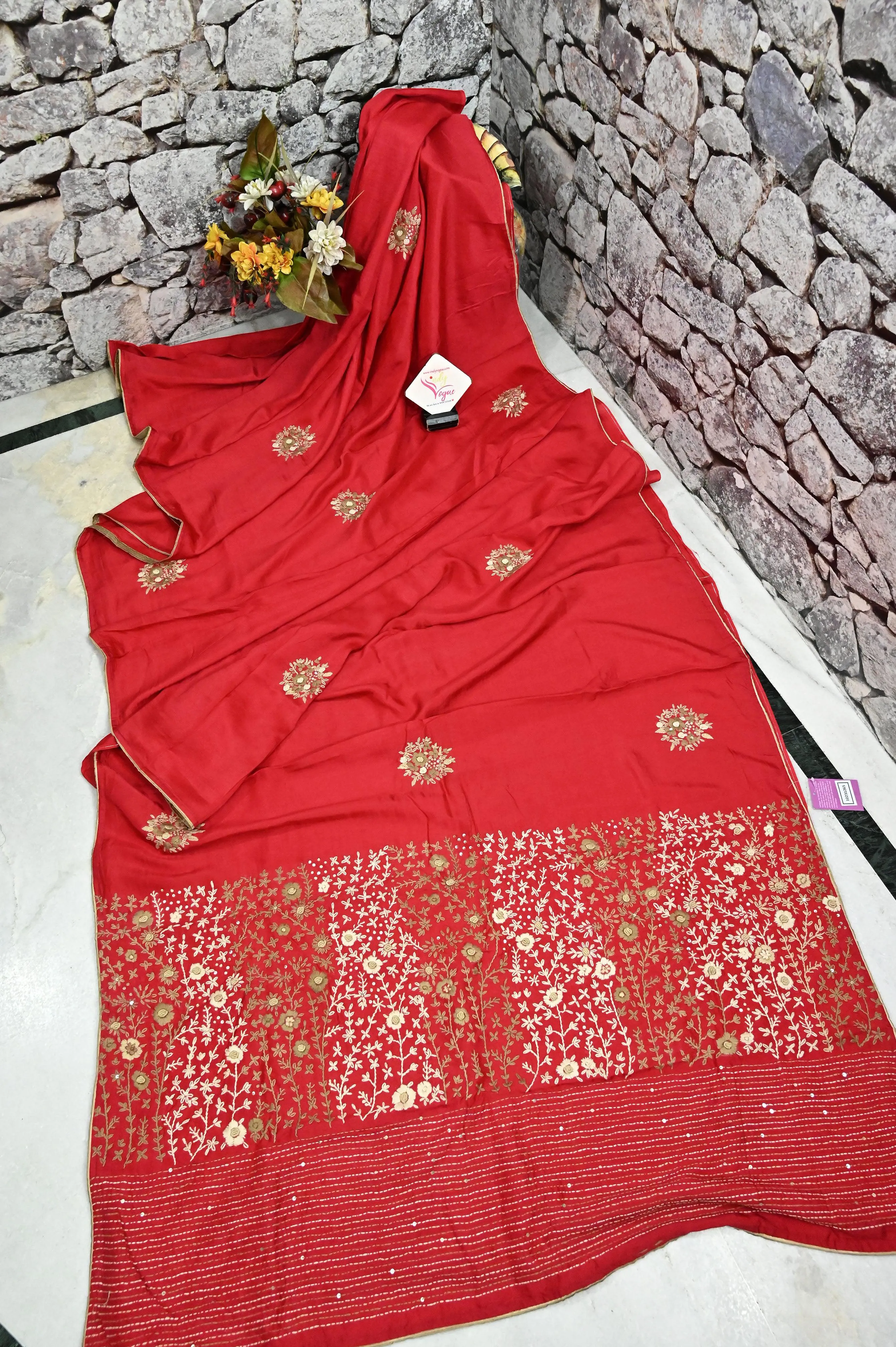 Red Color Chanderi Saree with Hand French Knot and Bullion Embroidery Work