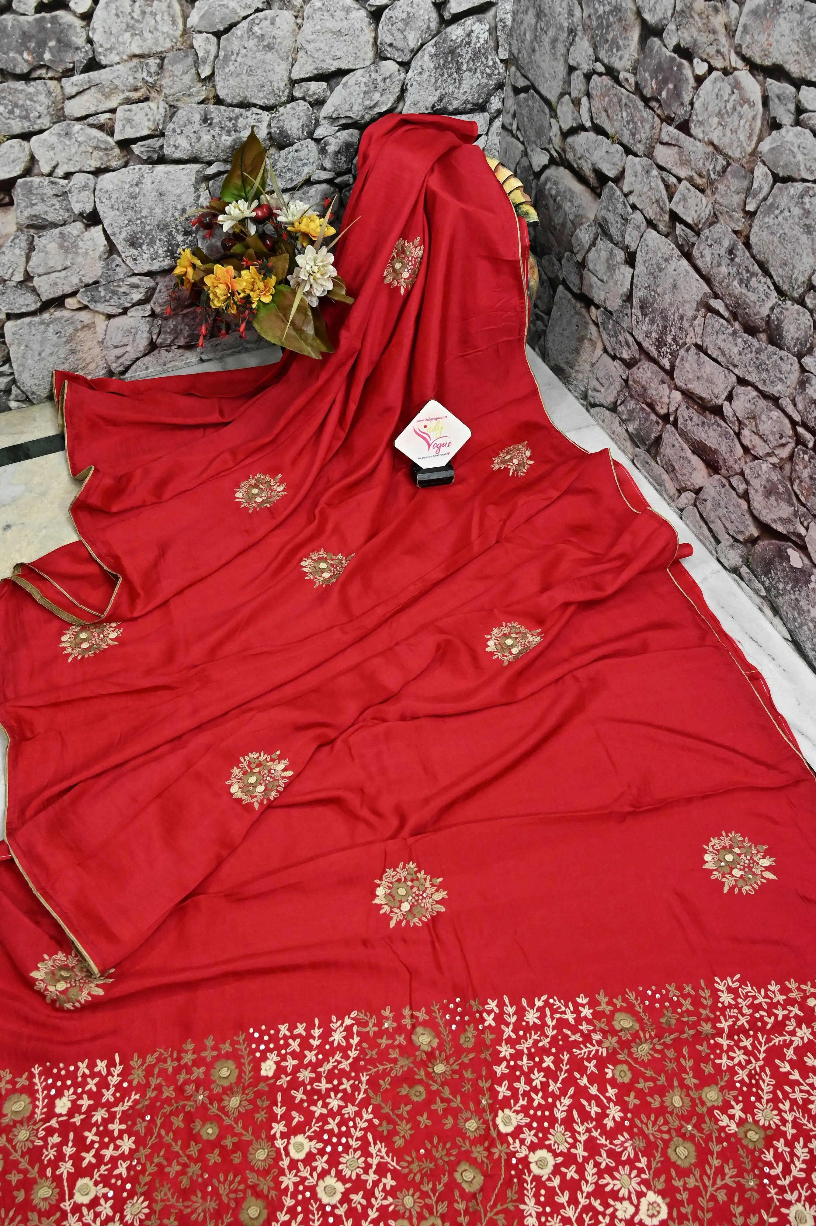 Red Color Chanderi Saree with Hand French Knot and Bullion Embroidery Work