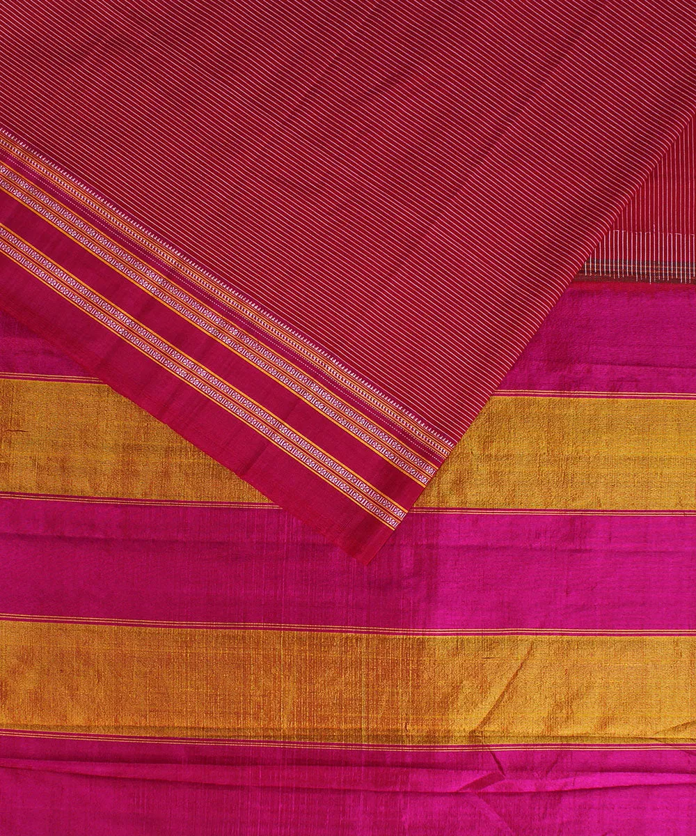 Red stripes pink gayatri border handwoven ilkal cotton silk saree