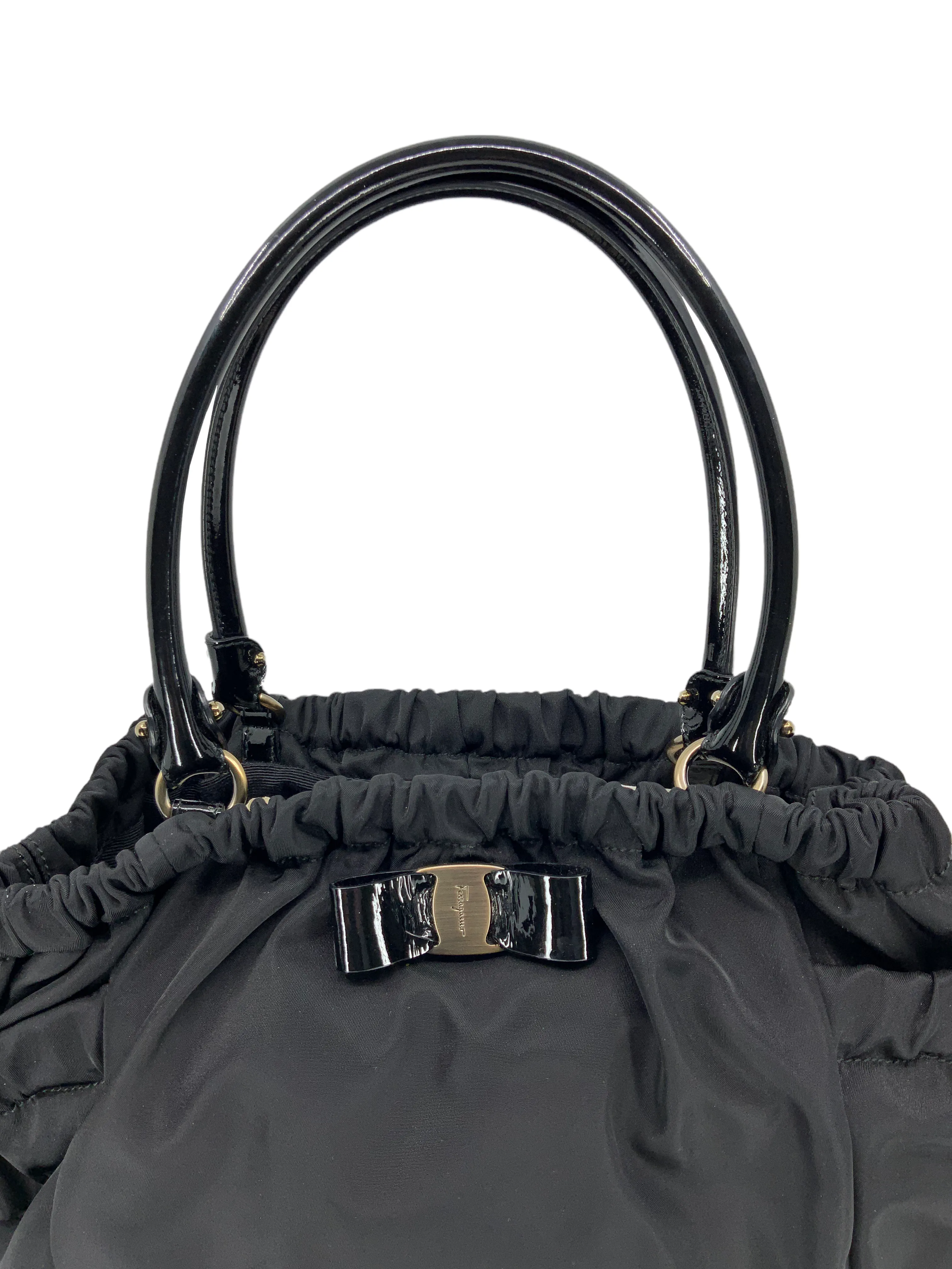 Salvatore Ferragamo Nylon Patent Leather Trim Vara Bow Tote