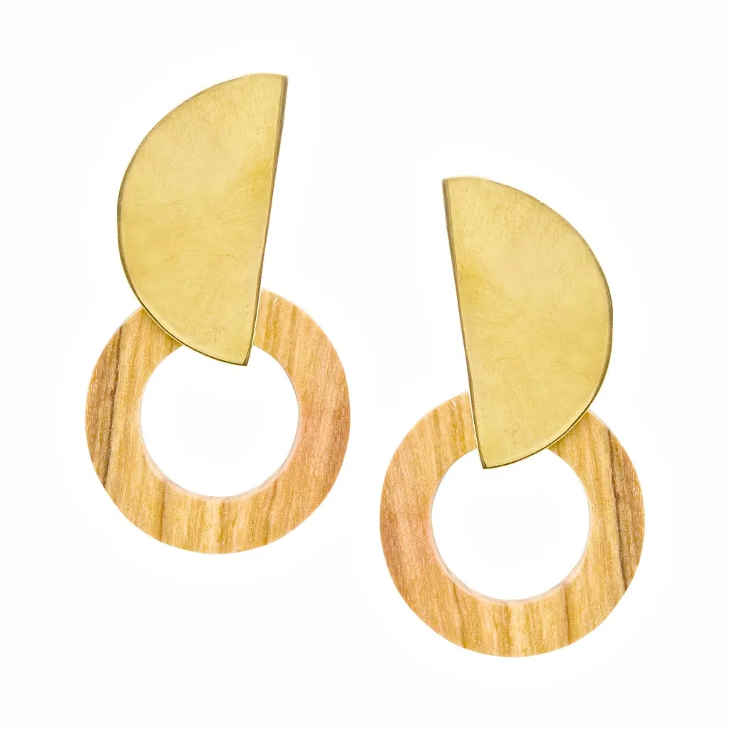 Sayari Hand Carved Wood and Brass Post Earrings