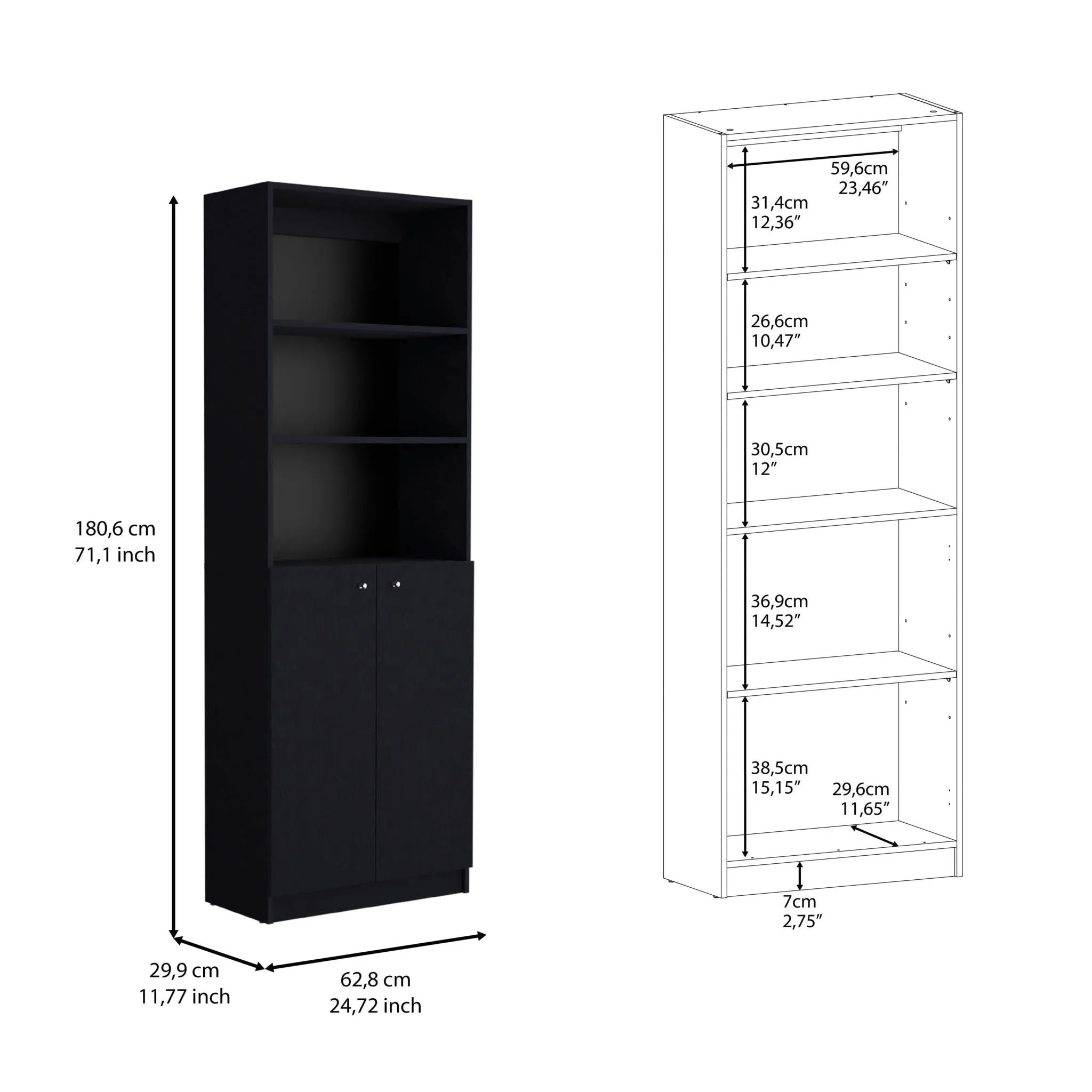 Set of Two 71 Black Bookcase With Two Doors