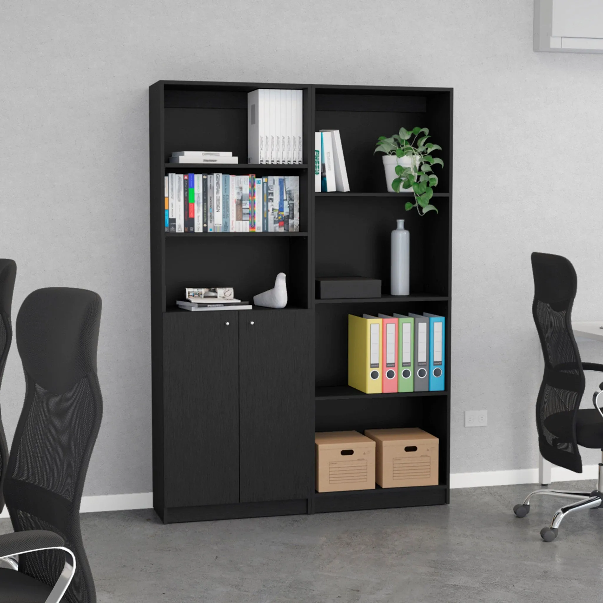 Set of Two 71 Black Bookcase With Two Doors