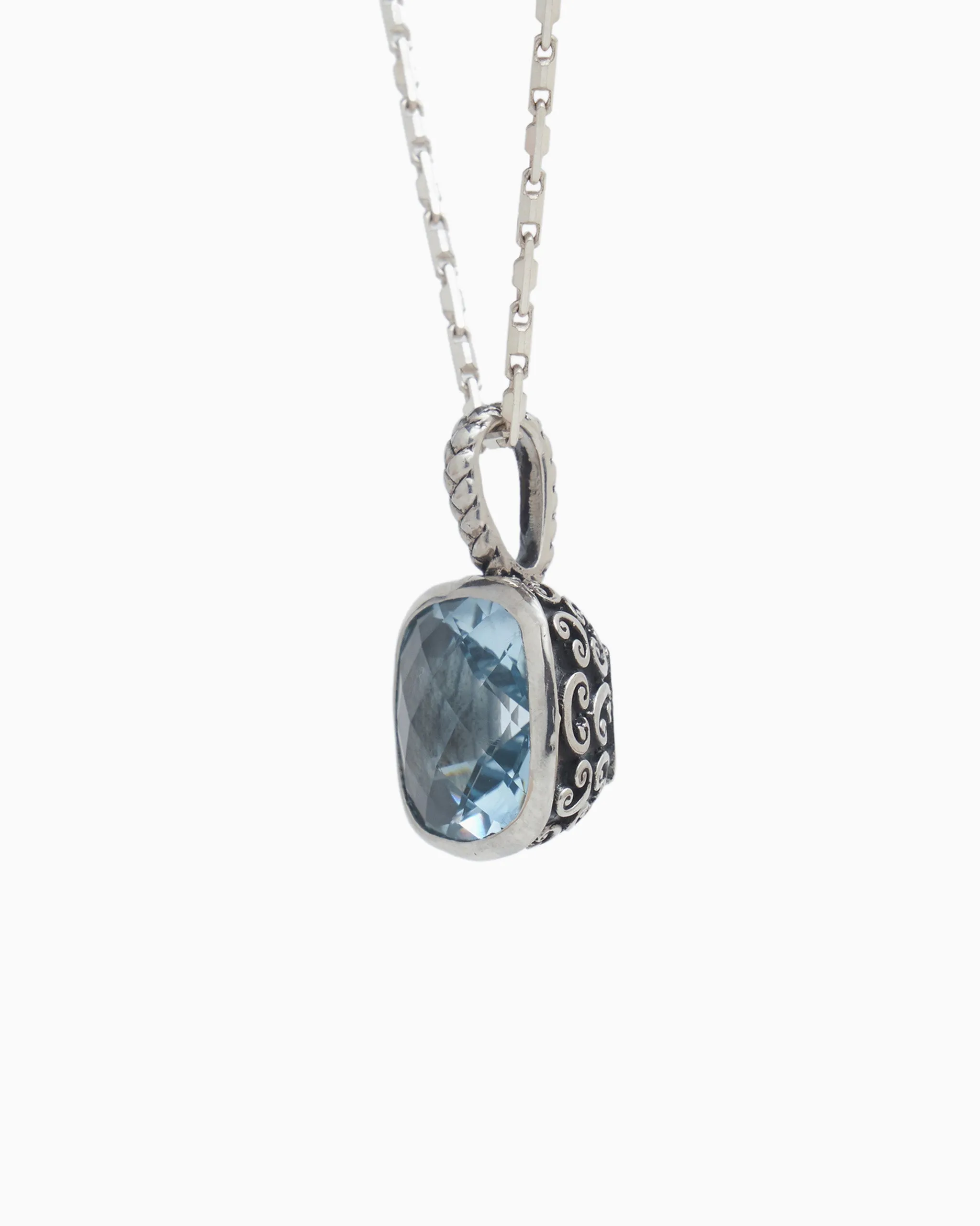 Square Stone Pendant with Petroglyph Texture - Blue Topaz