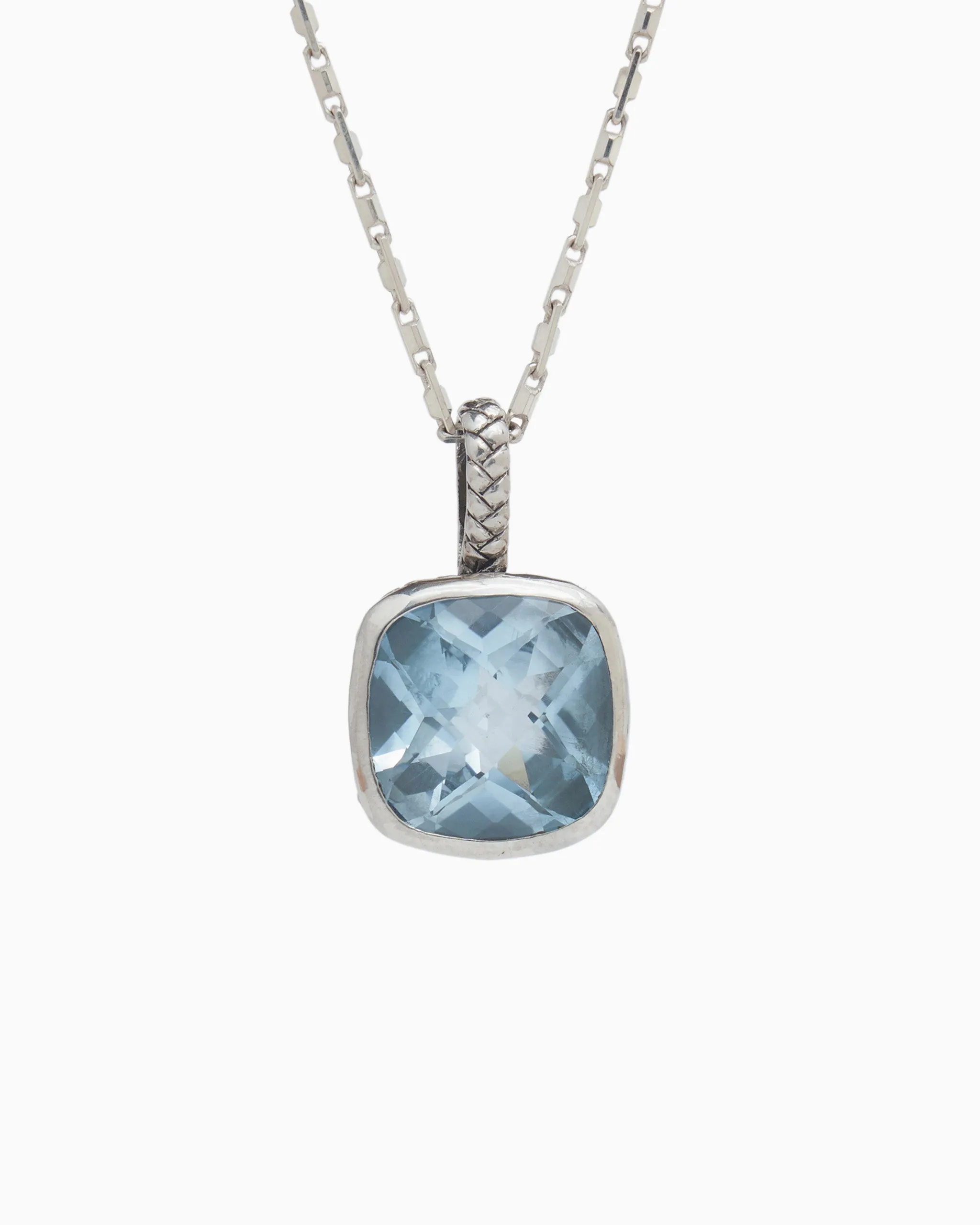 Square Stone Pendant with Petroglyph Texture - Blue Topaz