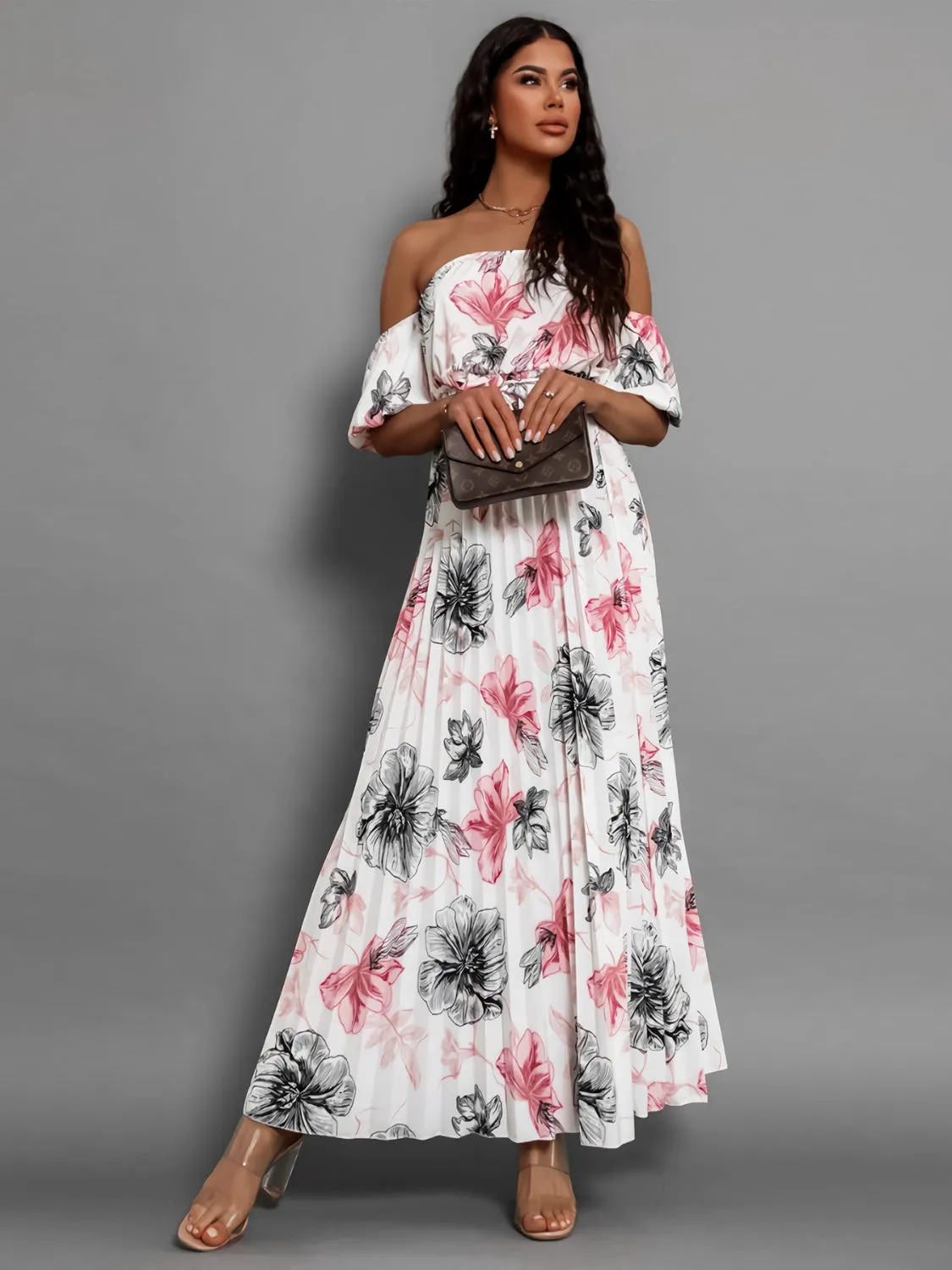 Sunset Vacation Pleated Floral Off-Shoulder Short Sleeve Midi Dress