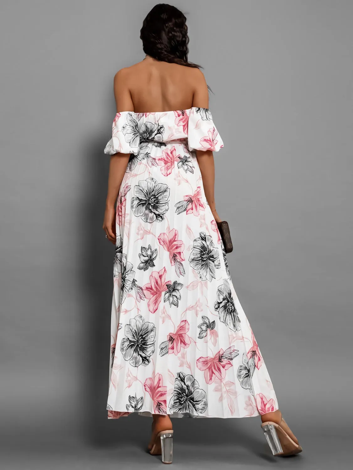 Sunset Vacation Pleated Floral Off-Shoulder Short Sleeve Midi Dress