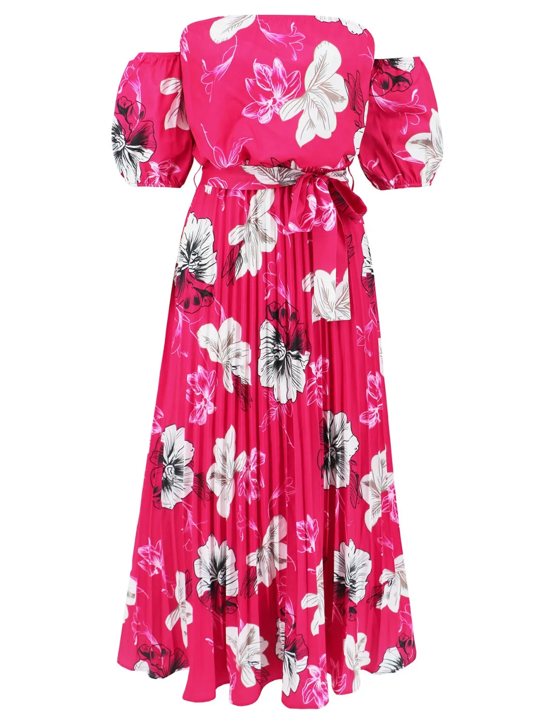 Sunset Vacation Pleated Floral Off-Shoulder Short Sleeve Midi Dress