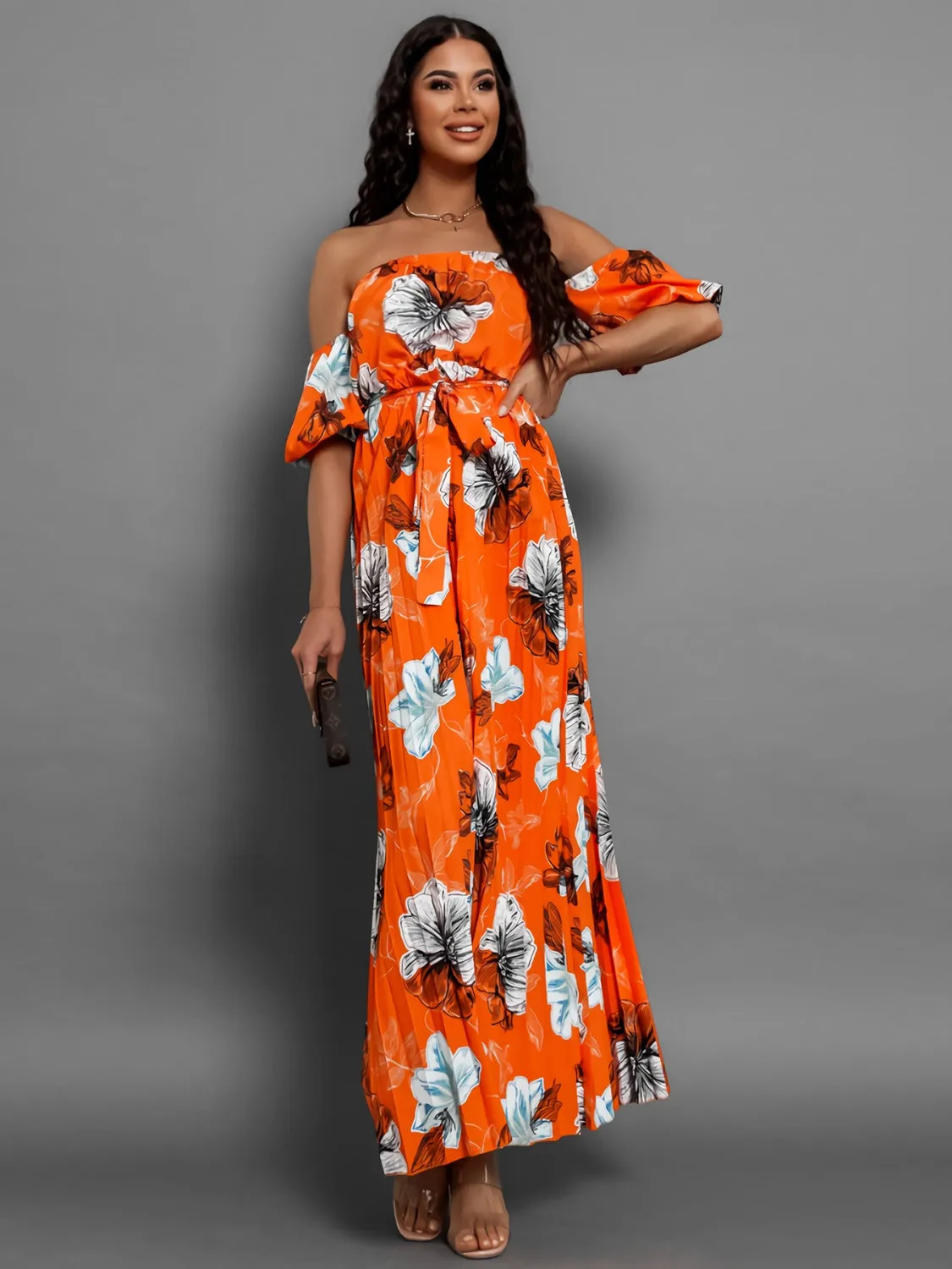 Sunset Vacation Pleated Floral Off-Shoulder Short Sleeve Midi Dress