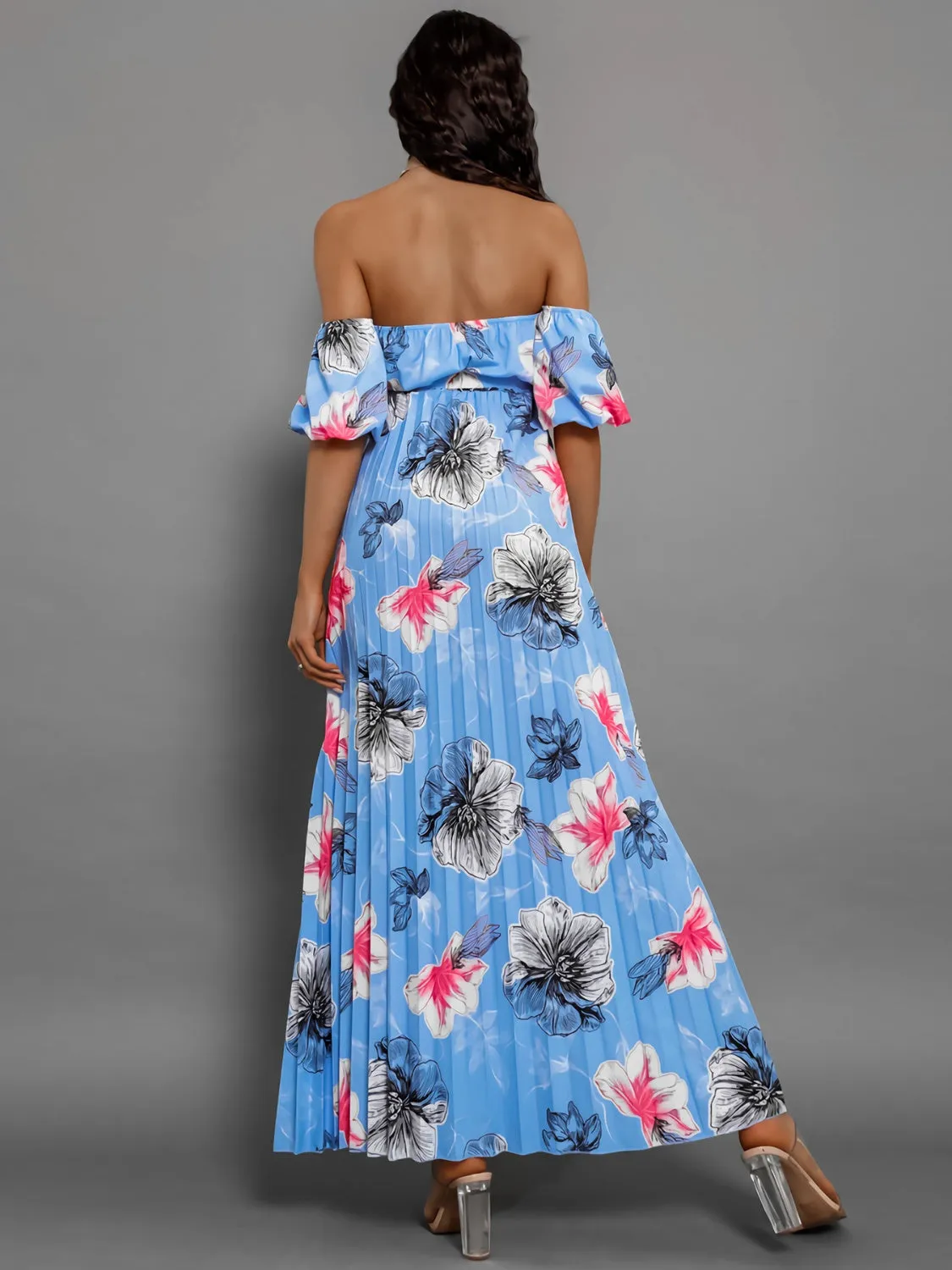 Sunset Vacation Pleated Floral Off-Shoulder Short Sleeve Midi Dress