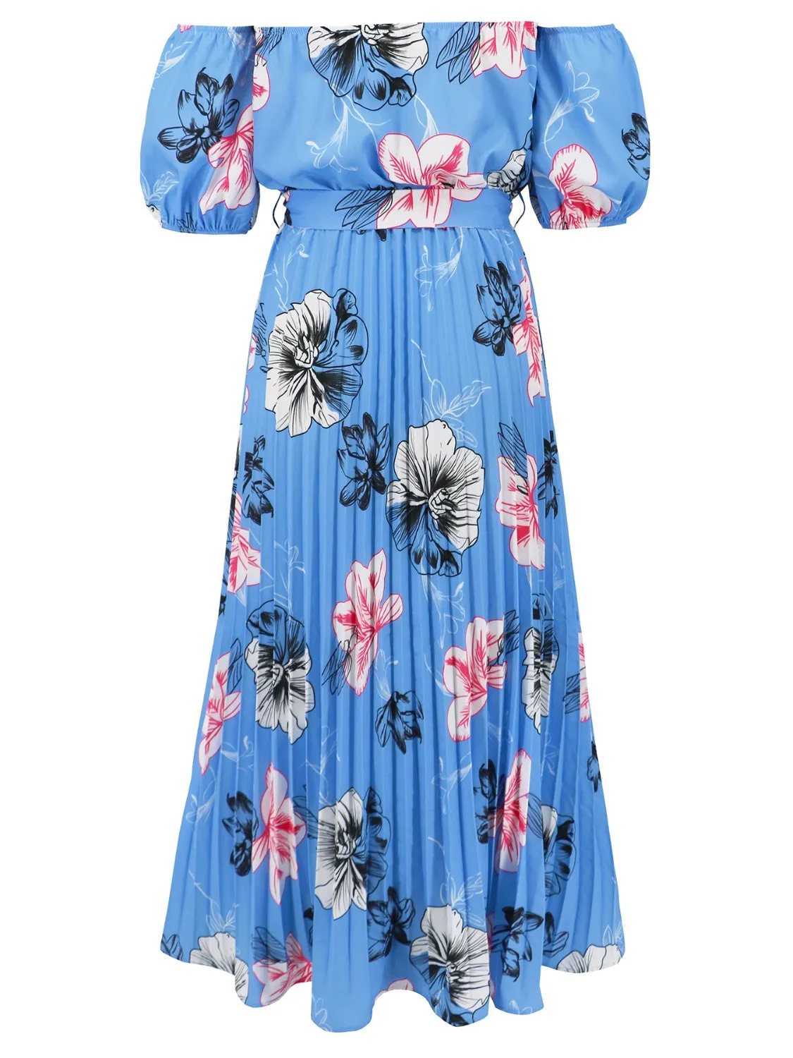 Sunset Vacation Pleated Floral Off-Shoulder Short Sleeve Midi Dress