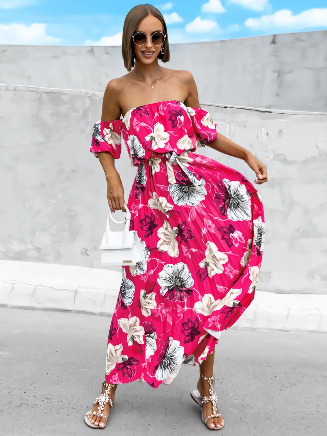 Sunset Vacation Pleated Floral Off-Shoulder Short Sleeve Midi Dress