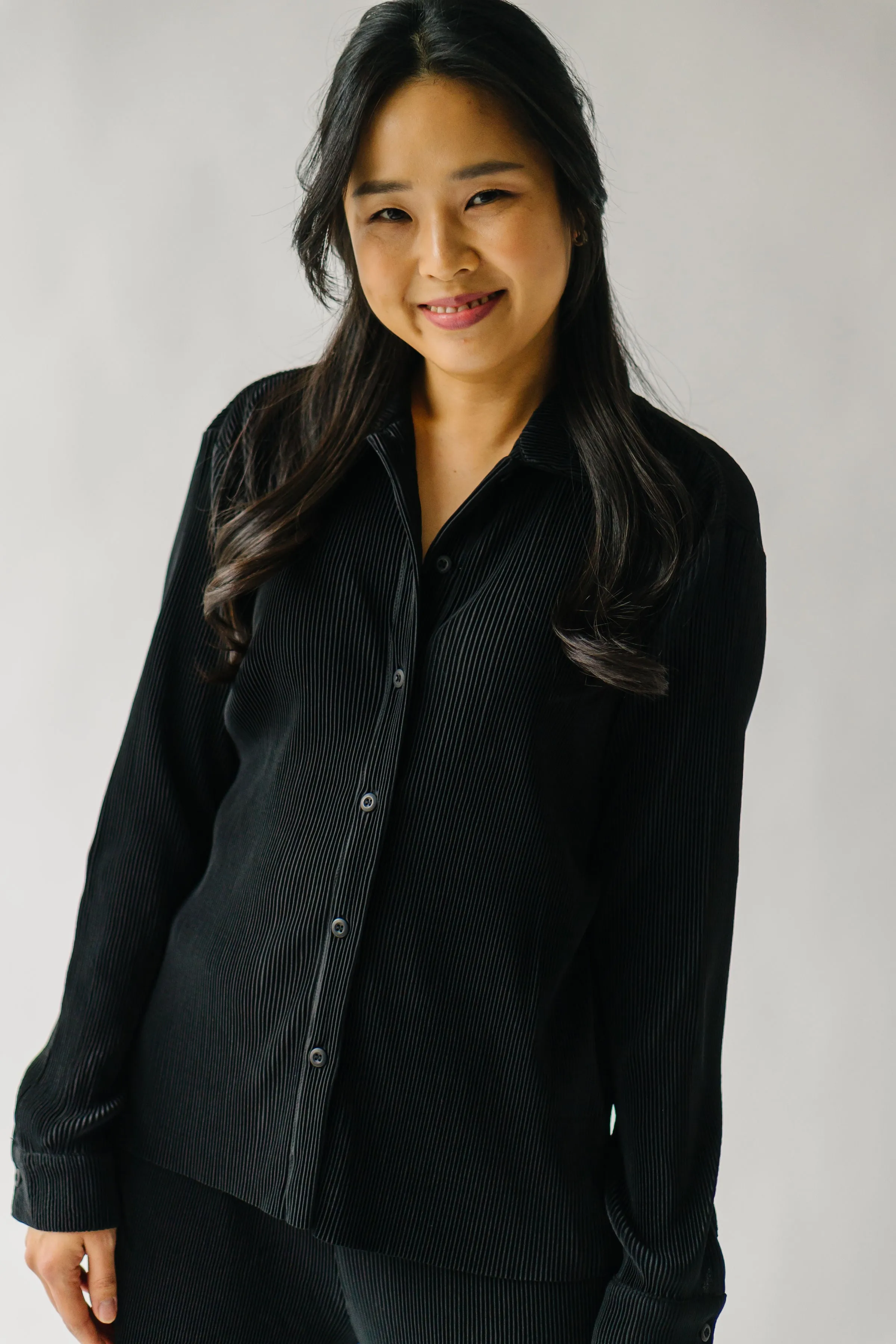 The Serena Crinkle Button Up Blouse in Black