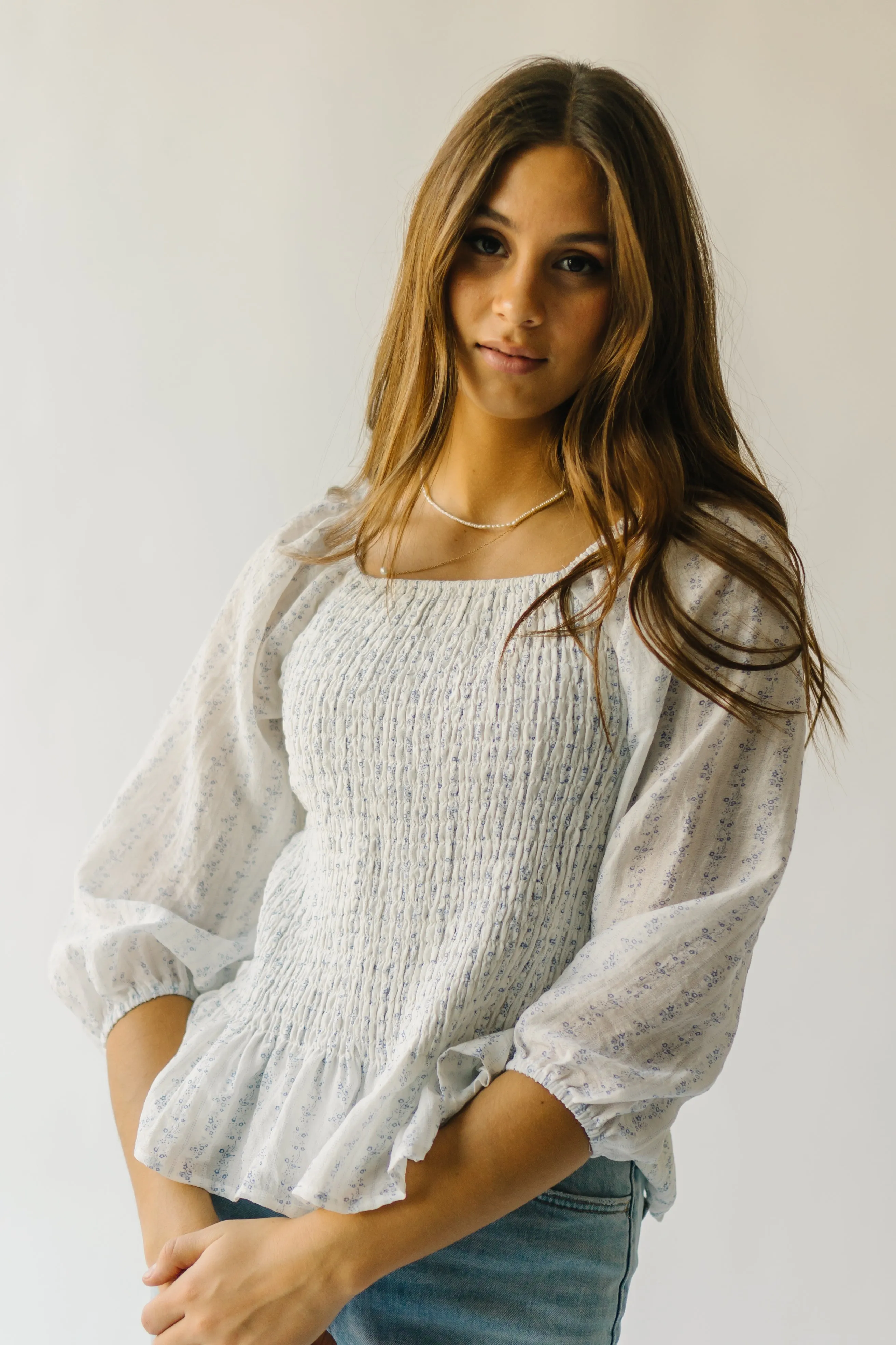 The Tamburro Smocked Detail Blouse in Ivory   Blue